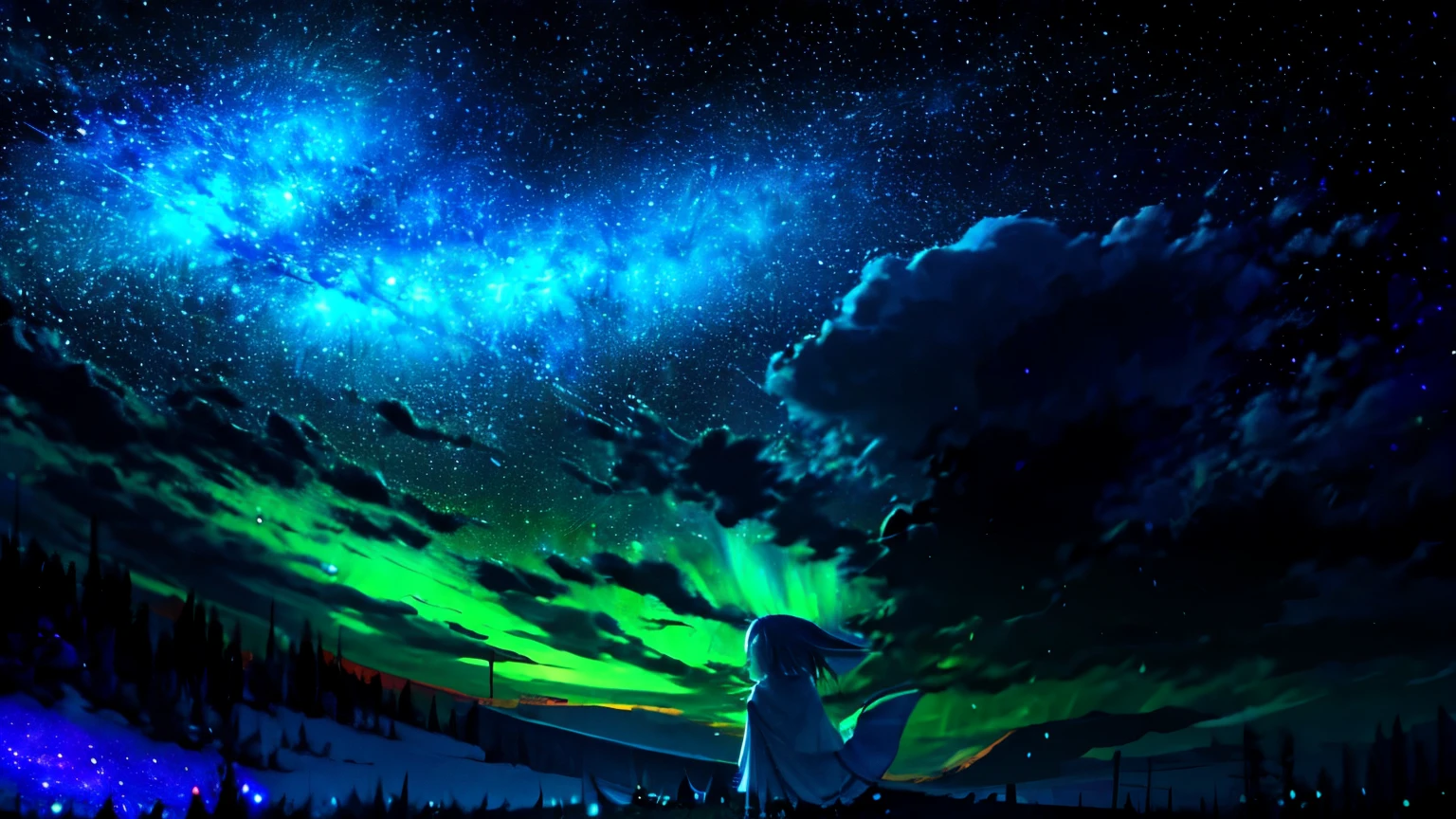 listening to music on headphones、Describe a scene where a wizard girl character dressed in a cute magical outfit is lying on a grassy hill., Look up at the starry sky. Colorful nebula and aurora、Surround her with her favorite constellations. Calm mood, Subtle details, Vibrant colors.