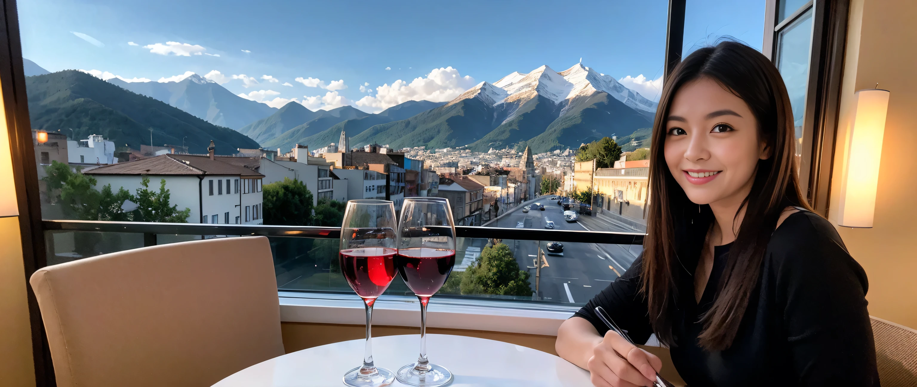 ((highest quality、8k、masterpiece:1.3))、Sharp focus:1.2、Beautiful woman perfect body:1.4、Slim body、((Bob Hale、Straight hair:1.2))、(to be born, highest quality, masterpiece:1.5), (Realistic, Intricate details:1.2), Wine glass on the table、shine a light on your face、 Amazing view of the sunset sky and clouds、Amazing mountain views、A bright smile、A lovely woman with a smile、Bright image、2. The beauty of wine, Beautiful Face, blue eyes, The light shines on your face, Blushing, short hair,Bright Face、Fox face、 (43 years old), 39 years old, Lady、red wine 、Appetizers、Italian food、Wine bottle、Champagne、sparkling wine、Two beauties、Brown Hair、Shortcuts、Long sleeve shirt、dress、Pretty Woman 1, (Slim face), (The body is slim), (Brown Hair), (Shortcuts), cheeks turn a little red,Attractive beauty、, Out of the window, A beautiful and detailed night view unfolds.........., restaurant, In a prominent place (From the waist up) Nova Frog Style, actress, model, Upper Body, White wine, slim, wine glass, A wine glass placed in the middle, smile, (smile: 1.15), Beautiful fine grain, Depth f/2,saturation, High Contrast, Strong light and shadow,Moist Body:1.5、3D texture、Delicate eyes、Brown Hair、The hair is very shiny、