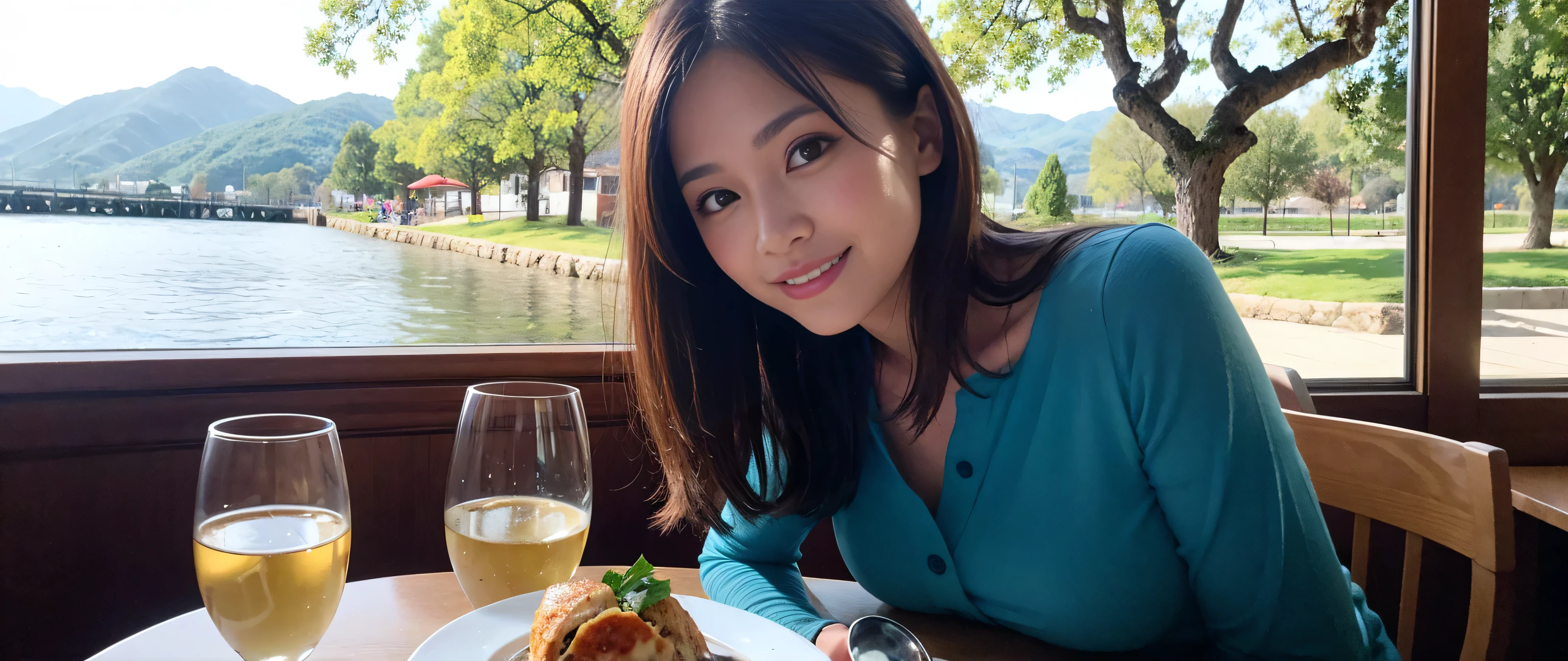 ((highest quality、8k、masterpiece:1.3))、Sharp focus:1.2、Beautiful woman perfect body:1.4、Slim body、((Bob Hale、Straight hair:1.2))、(to be born, highest quality, masterpiece:1.5), (Realistic, Intricate details:1.2), Wine glass on the table、shine a light on your face、 Amazing view of the sunset sky and clouds、Amazing mountain views、A bright smile、A lovely woman with a smile、Bright image、2. The beauty of wine, Beautiful Face, blue eyes, The light shines on your face, Blushing, short hair,Bright Face、Fox face、 (43 years old), 39 years old, Lady、red wine 、Appetizers、Italian food、Wine bottle、Champagne、sparkling wine、Two beauties、Brown Hair、Shortcuts、Long sleeve shirt、dress、Pretty Woman 1, (Slim face), (The body is slim), (Brown Hair), (Shortcuts), cheeks turn a little red,Attractive beauty、, Out of the window, A beautiful and detailed night view unfolds.........., restaurant, In a prominent place (From the waist up) Nova Frog Style, actress, model, Upper Body, White wine, slim, wine glass, A wine glass placed in the middle, smile, (smile: 1.15), Beautiful fine grain, Depth f/2,saturation, High Contrast, Strong light and shadow,Moist Body:1.5、3D texture、Delicate eyes、Brown Hair、The hair is very shiny、