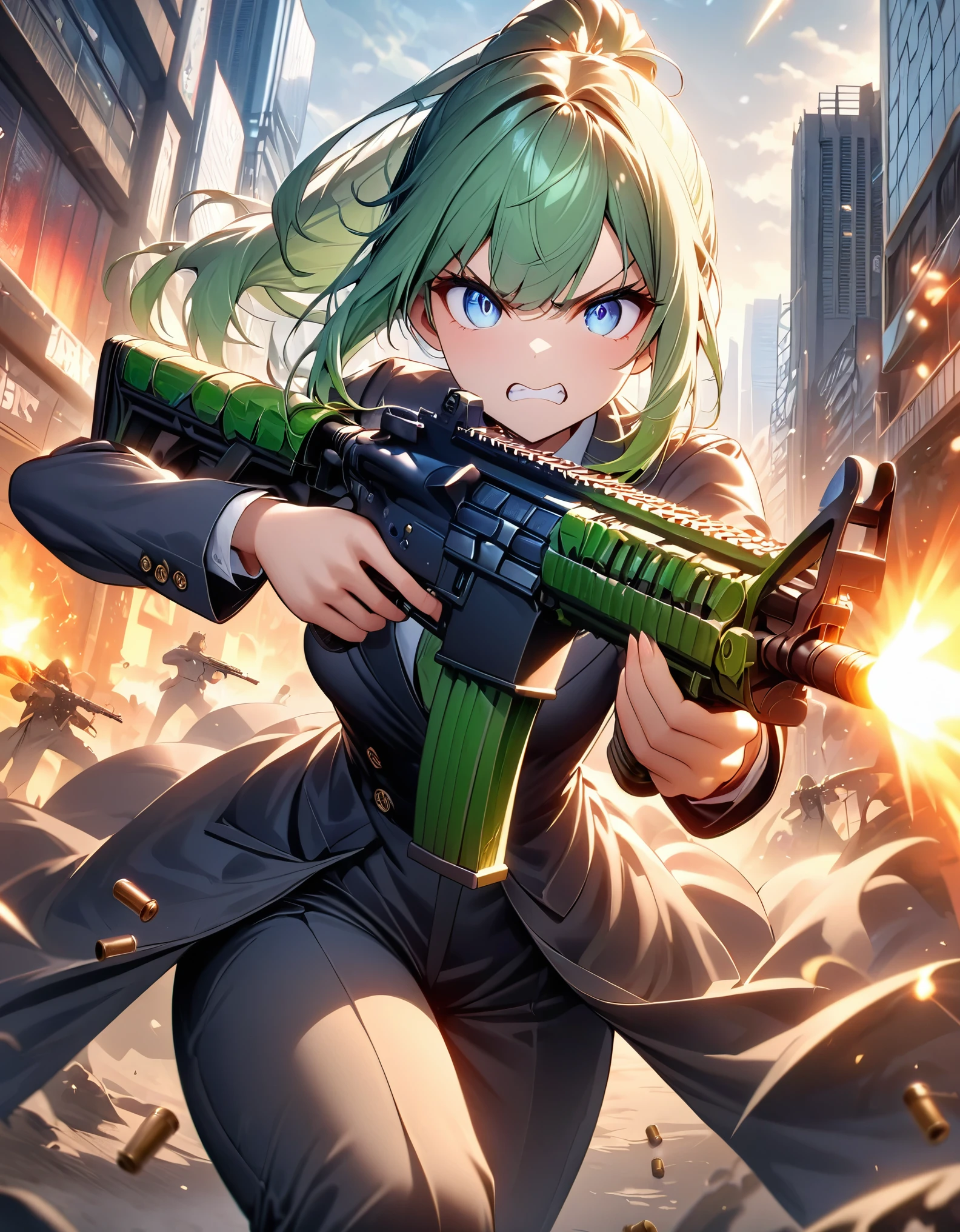 masterpiece, best quality, highres, 1girl, solo, solo focus, green hair, medium hair, ponytail, bangs, blue eyes, beautiful detailed eyes, beautiful detailed face, cute face. angry, clenched teeth. light grey suit and tie, matching pants, slacks, black dress shoes. dynamic action pose. tokyo city backdrop, outdoors. using and firing an assault rifle, (shell casings coming from the rifle), finger on trigger, perfect hand, perfect hands. cowboy shot. action atmosphere. a gigantic bug monster sneaks behind her.