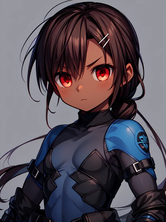 Dead or Alive Kasumi, Masterpiece High res, high definition, (((dark skin tone))),dark skin male, dark skin, cute shota,red eyes, black hairpin, brown hair, long dark brown hair, wearing a black exoskeleton,blue bodysuit,black exoskeleton ninja suit, blue design,