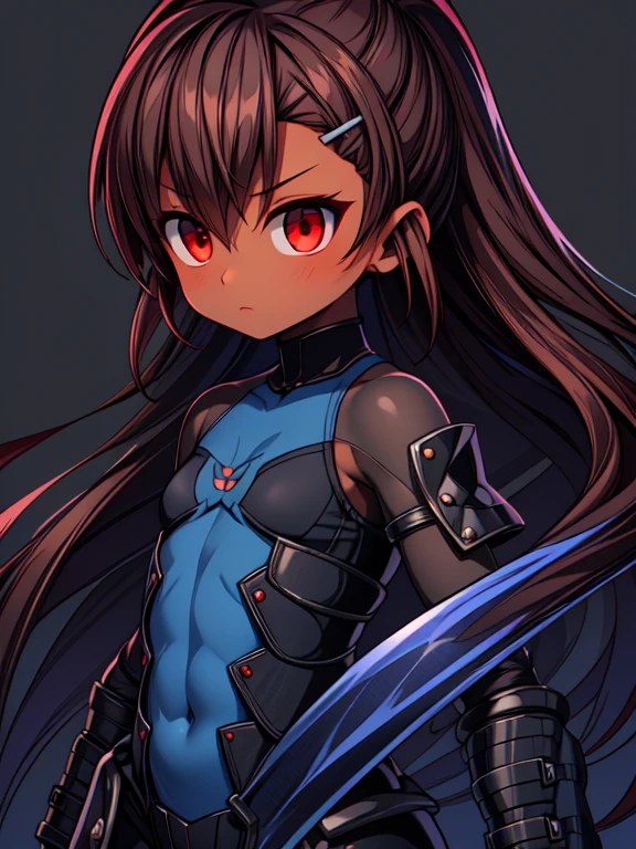 Dead or Alive Kasumi, Masterpiece High res, high definition, (((dark skin tone))),dark skin male, dark skin, cute shota,red eyes, black hairpin, brown hair, long dark brown hair, wearing a black exoskeleton,blue bodysuit,black exoskeleton ninja suit, blue design,