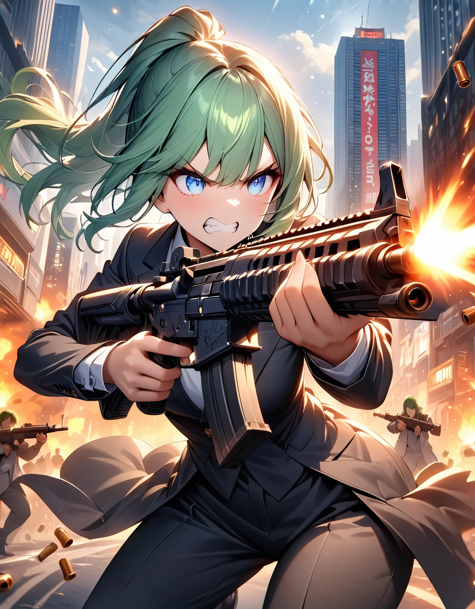 masterpiece, best quality, highres, 1girl, solo, solo focus, green hair, medium hair, ponytail, bangs, blue eyes, beautiful detailed eyes, beautiful detailed face, cute face. angry, clenched teeth. light grey suit and tie, matching pants, slacks, black dress shoes. dynamic action pose. tokyo city backdrop, outdoors. using and firing an assault rifle, (shell casings coming from the rifle), finger on trigger, perfect hand, perfect hands. cowboy shot. action atmosphere. a gigantic bug monster sneaks behind her.