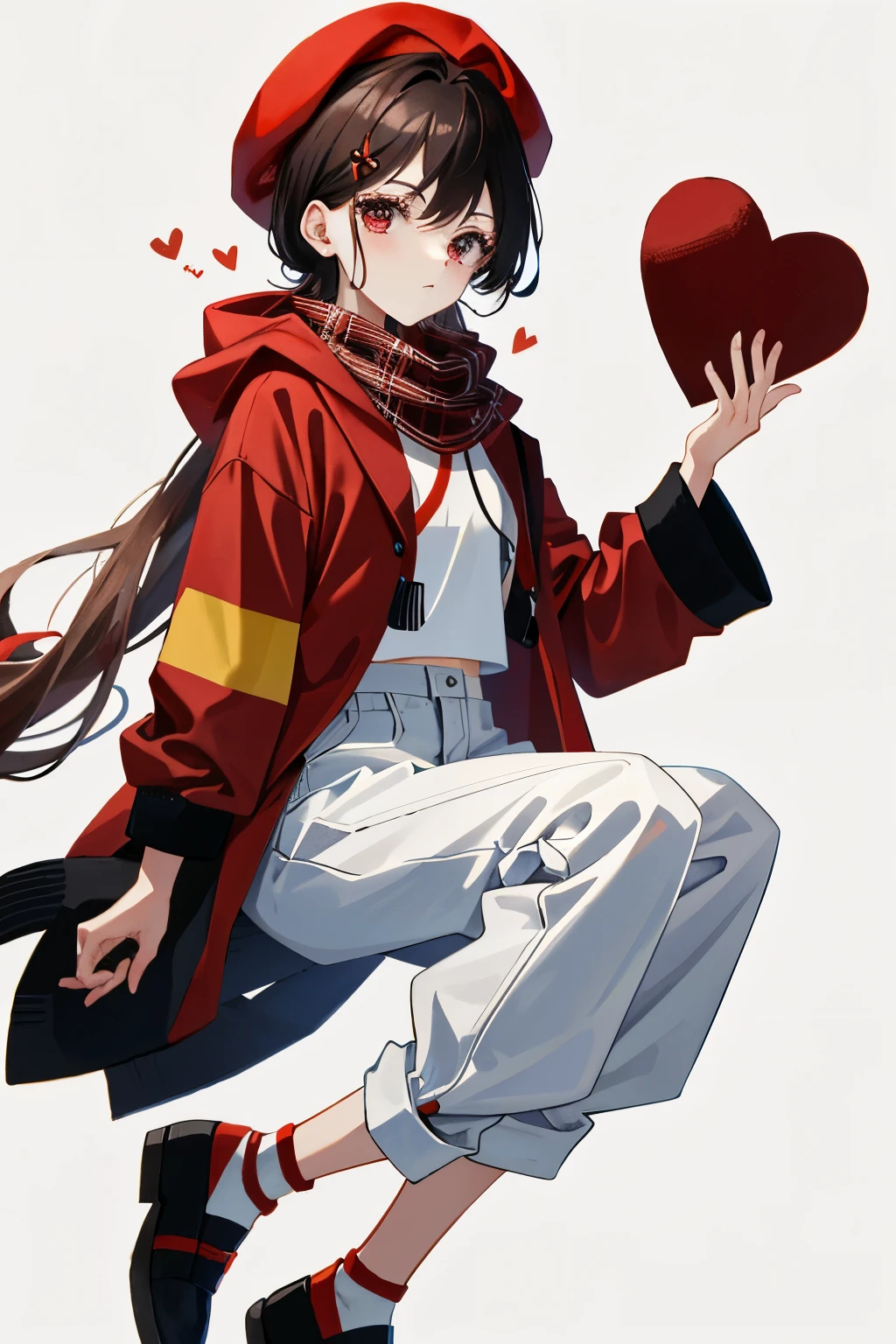 personaje femenina de anime con peinado y2k negro, with red beret twisted into a heart with a white bow, bufanda roja, pulseras de encaje rojas, red and brown plaid top, pantalones cortos de rayas rojas y marron, medias blancas con zapatitos rojos mocacines, mini falda roja