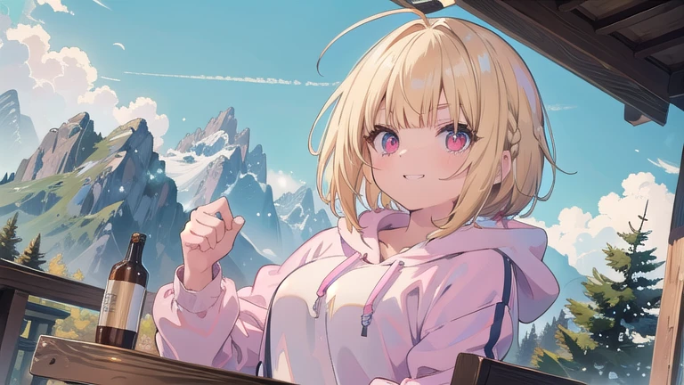 (masterpiece:1.2), (highest quality:1.2), Perfect Eyes, Perfect Face, Perfect lighting, Mountain Horizon, blonde Upper Body, Big Breasts Red Eye, Braid, Spiked Hair, Blunt bangs, Bob Hair, Ahoge, Cute eyes, Medium Chest, , (((From below))), Mouth closed, Vivid depiction,orgasm, I was scared, Ahegao, smile+Happy, teeth, anger, From the side, She is wearing pink shorts and jeans with textured lace, He is wearing a yellow modern style hoodie, Sitting, Arms crossed, (look up:1.3), (Face close-up:1.1)
