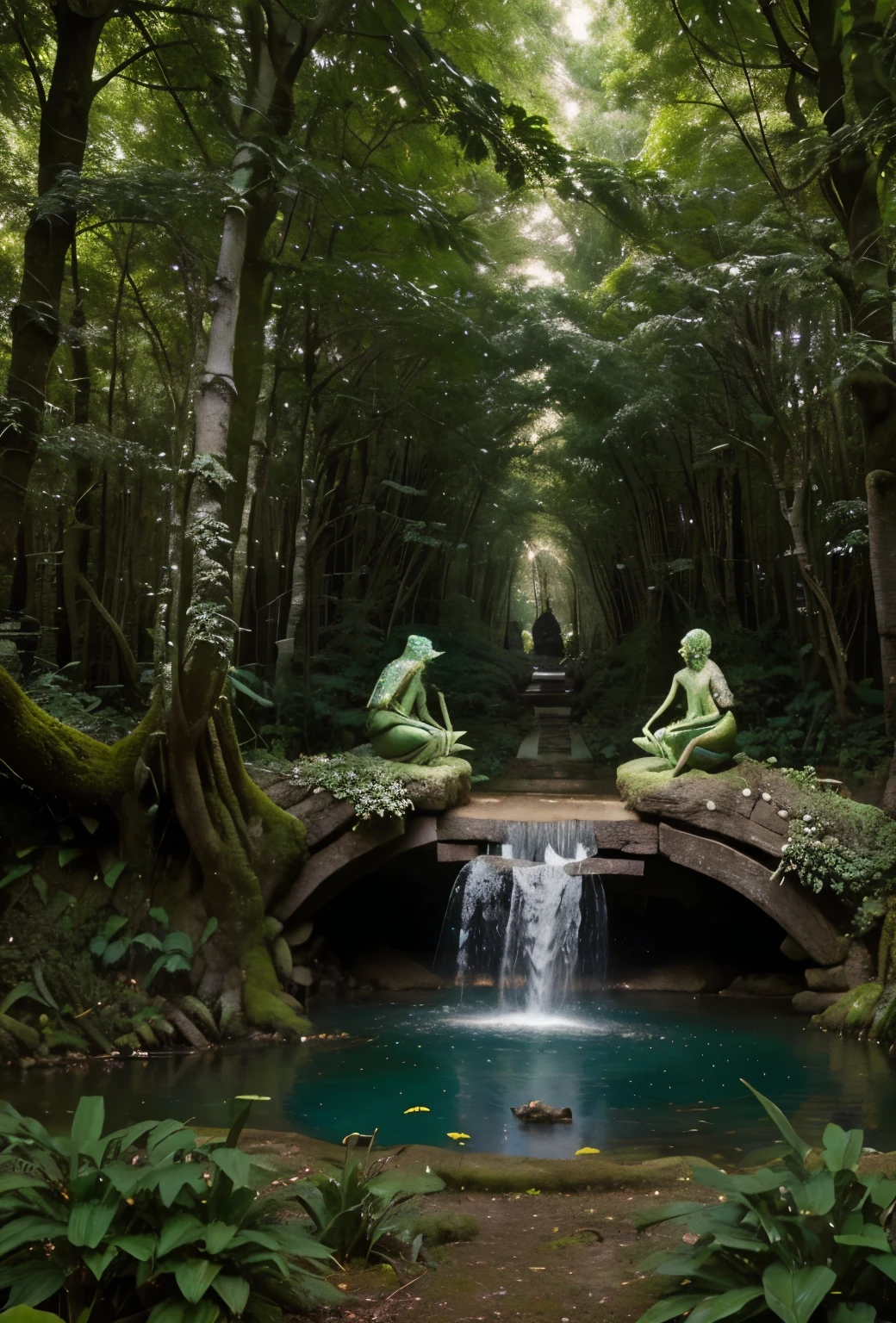 Mundo fantastico de fantacia, bosque, musgo, duendes, elfos, ninfas, enrredaderas, pinos, lianas, puentes colgantes, chosas, surrealismo, hiperrealismo, foto realismo, arte, perfeccion, mitologia, neblina, antorchas, estrellas, hongos, fantacia, obra maestra, perfecto, naturaleza,