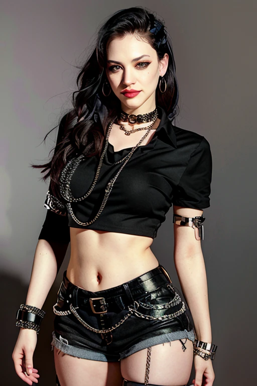Kat Dennings, ((Masterpiece, best quality)),smirk,smug,edgQuality
edgpshorts, a woman in a black top and shorts with chains on her waist , wearing edgpshorts