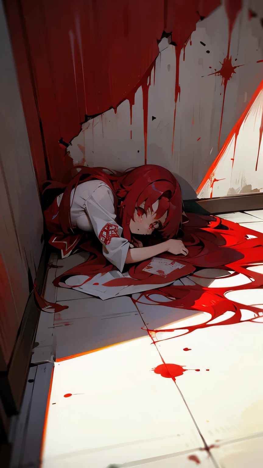  crazy girl crazy  socks older long hair shrine maiden   breasts white shirt. stabbed blood knife crying blood on walls, wooden floor blood on ground, blood on walls lots of red liquid spilled on floor. red water on ground sonozaki shion