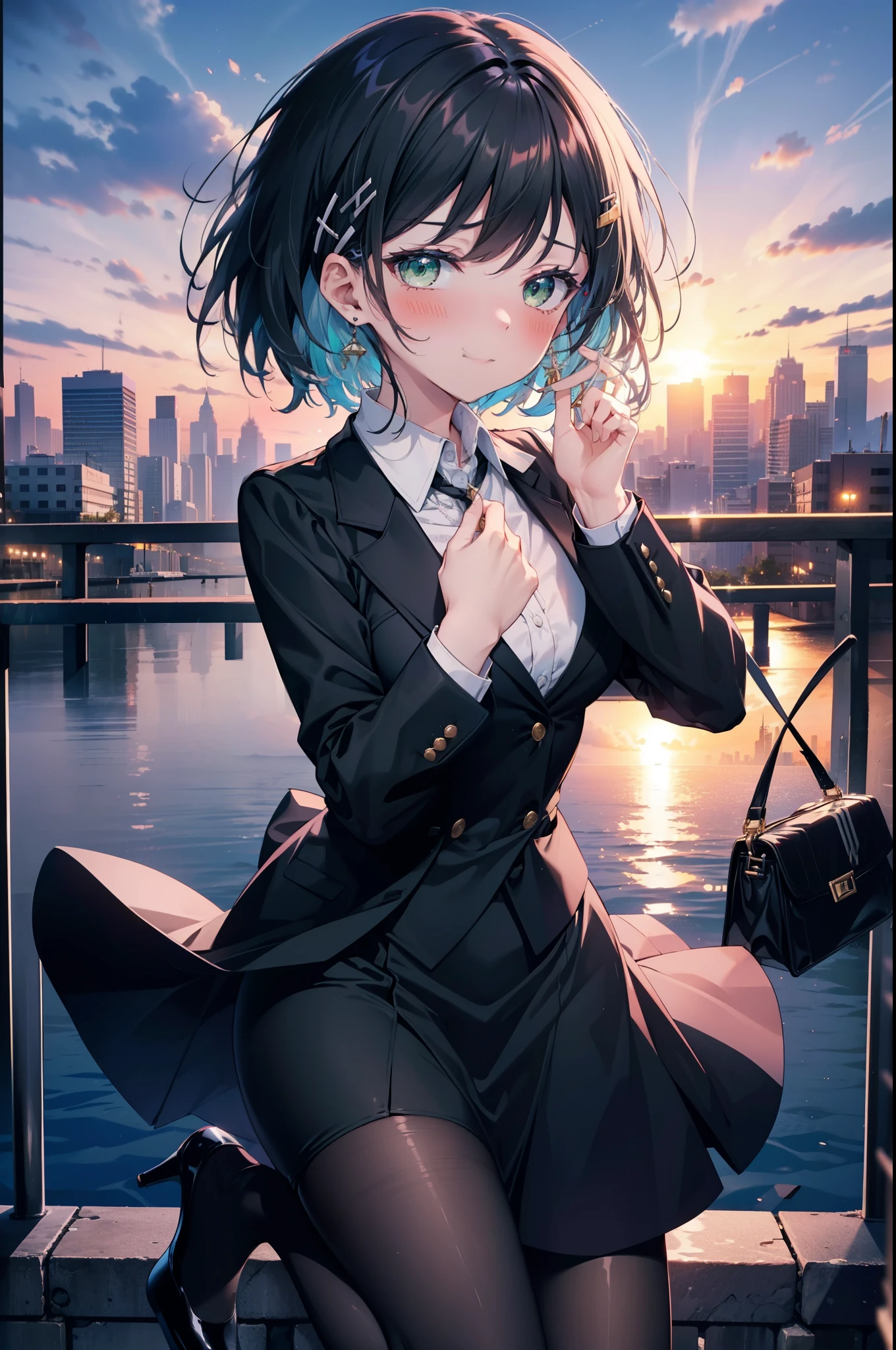 Suguhakirigaya, Suguhakirigaya, (Green Eyes:1.2), hair ornaments, Hair Clip, short hair, Black Hair,smile,blush,happy smile, smile, Open your mouth,OL, Black suit jacket, Collared jacket, White dress shirt, Collared shirt, Neckline, button, Black pencil skirt, Black pantyhose,Stiletto heels,Sunset,evening,The sun is setting,walking,whole bodyがイラストに入るように,
break outdoors, city,construction area,crowd, people々々々,
break looking at viewer, whole body, 
break (masterpiece:1.2), highest quality, High resolution, unity 8k wallpaper, (shape:0.8), (Beautiful details:1.6), Highly detailed face, Perfect lighting, Highly detailed CG, (Perfect hands, Perfect Anatomy),