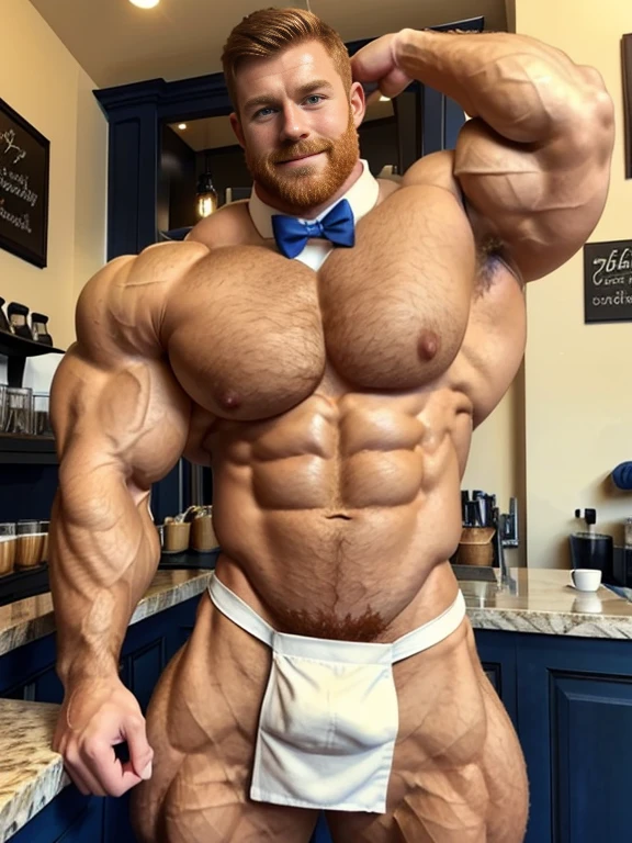 (1boy), (soft smile), tan skin, barista in a french cafe, wearing a bow tie and black jockstrap, daylight, drinking a cup of coffee, (muscular:1.5), ginger, (defined muscles:1.5), (beautiful:1.5), (handsome:1.4), (gorgeous:1.3), ginger, flexed chest, black apron, extraordinary attractive european man with radiant blue eyes, hairy, muscle bimbo