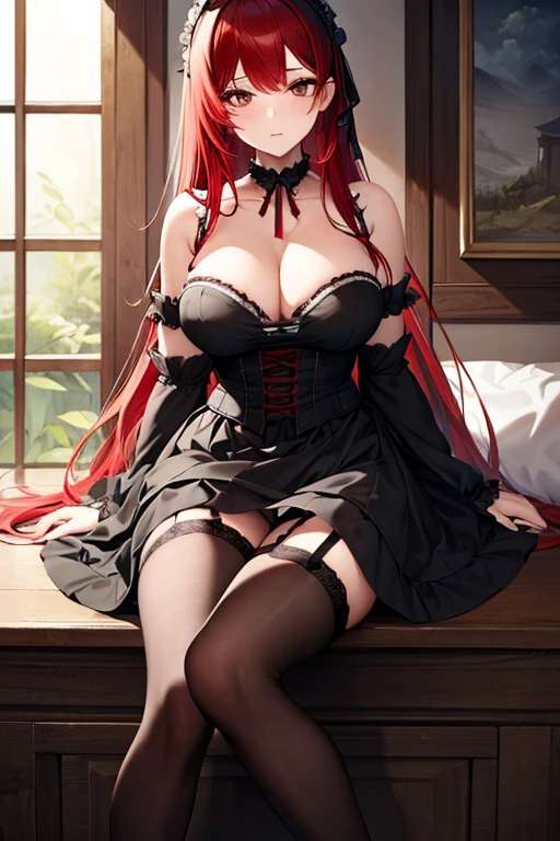 (masterpiece:1.5, highest quality), Beautiful illustrations, whole body, 1 girl, Japanese, high school girl, (短いRed Hair:1.5), Hair fluttering, Large Breasts:1.0, Beautiful Hair, Beautiful Face, Beautiful fine black eyes, Beautiful clavicle, Beautiful body, Beautiful breasts, Beautiful thighs, Beautiful feet, Beautiful fingers, (Beautiful views), outside, ((Black Gothic Lolita)), Red Hair,Cleavage,No Headless ,garter belt,Black tights