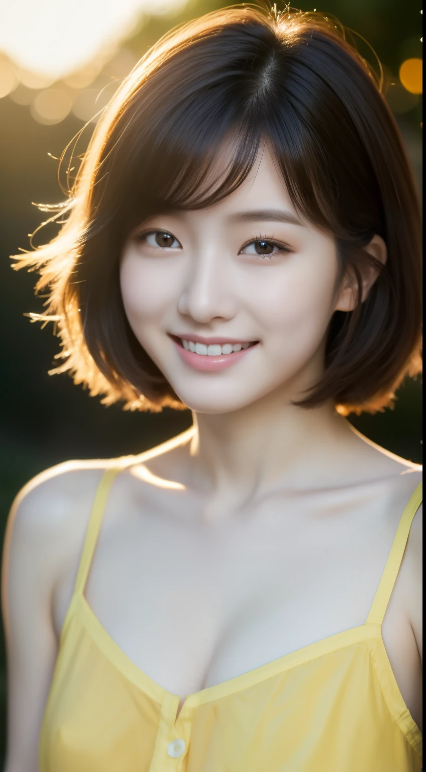 (original photography), (realism), (masterpiece), (top quality), high resolution, 16k resolution, 1 cute real photo of Korean stars,18 years old，(short hair), (messy hair)，White skin, Light makeup, (Bust 32 inches:1.2), Smile, Wearing an yellow camisole, In the Japanese Garden, Sunset lights, Close-up portrait, Ultra HD