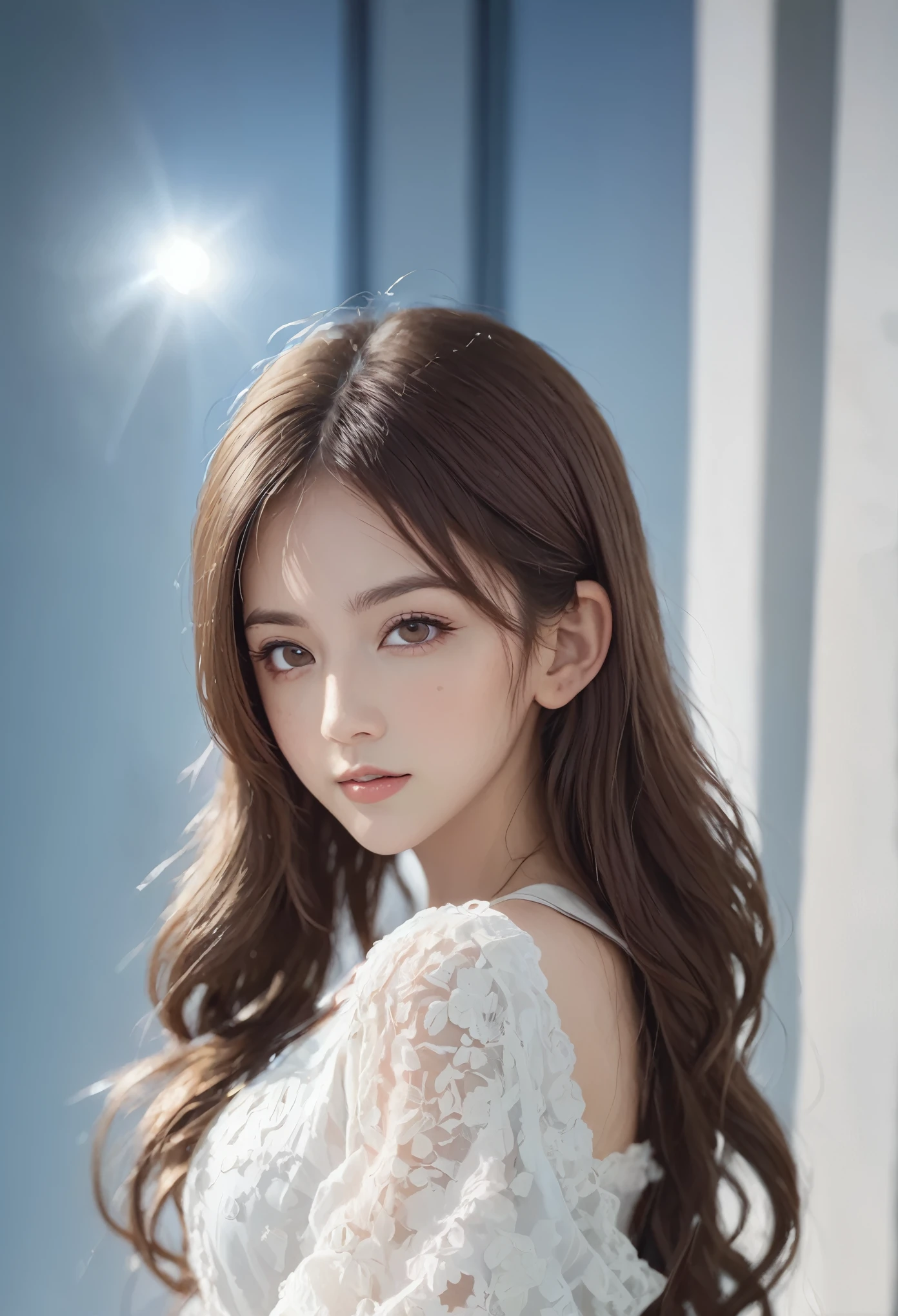 (highest quality), (Very detailed), (Detailed light), (Very delicate and beautiful), （18-year-old girl, Long Hair, Brown Hair, Brown eyes, ((She is standing in the woods))), (Women's fashion magazine cover:1.5), highest quality, Very detailed CG 統合 8k 壁紙, High-resolution RAW color photos, Professional photography, (((Bokeh))), Depth of written boundary,