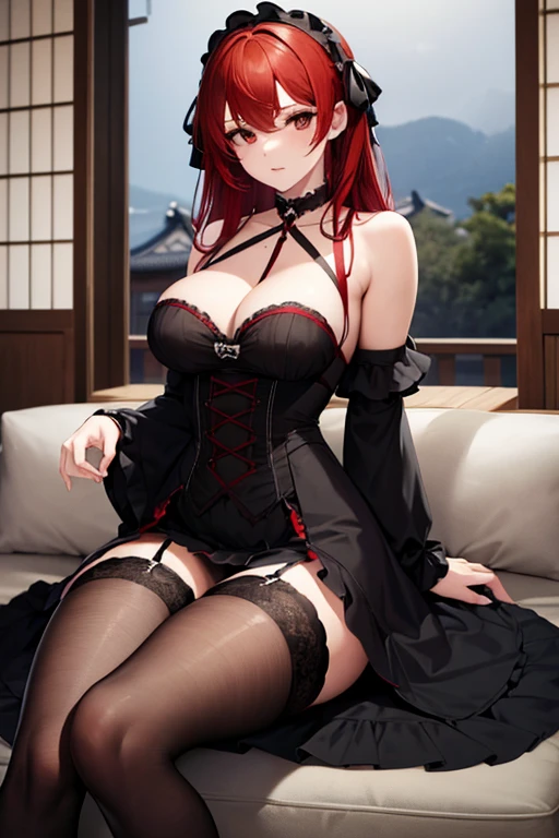 (masterpiece:1.5, highest quality), Beautiful illustrations, whole body, 1 girl, Japanese, high school girl, (短いRed Hair:1.5), Large Breasts:1.0, Beautiful Hair, Beautiful Face, Beautiful fine black eyes, Beautiful clavicle, Beautiful body, Beautiful breasts, Beautiful thighs, Beautiful feet, Beautiful fingers, (Beautiful views), outside, ((Black Gothic Lolita)), Red Hair,Cleavage,No Headless ,garter belt,Black tights