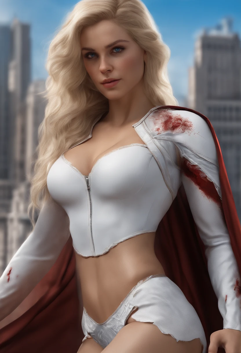 8k, best quality, real picture, intricate details, ultra-detailed, ultra highres, depth field,(photorealistic,realistic:1.2),masterpiece,photo of  european girl, susan storm, blue eyes, blonde hair, (bruise, dirty, torn clothes, blood:1.3), ripped outfit, clothing cutout, blue leotard, white thighhighs, white gloves, superhero, solo, sun, blue sky,best quality, realistic, photorealistic, (intricate details:1.2), (delicate detailed), (cinematic light), clear line, sharp focus, realistic face, detailed