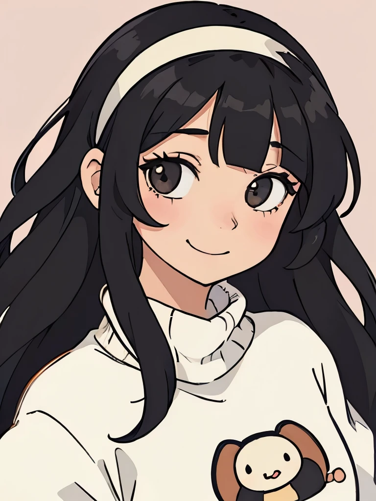 perfect anime illustration of a girl having long black hair with bangs, wearing cute sweater, hair band smiling