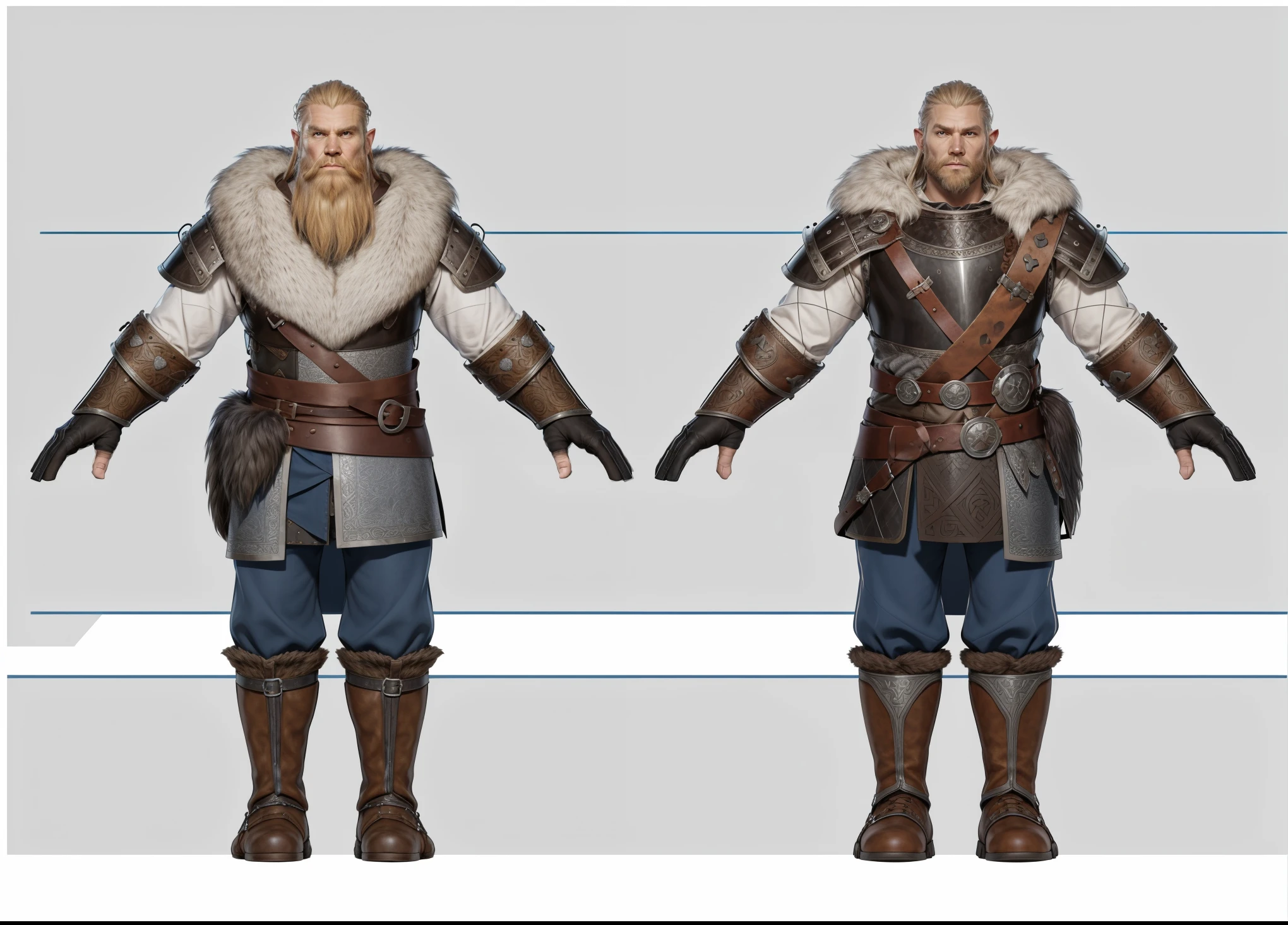( Realistic:1.33),(masterpiece:1.1),(highest quality:1.1),(HDR:1) a close up of a Tall Viking man with gambeson fur coat , detailed body armor, old Cuirass engraved steel, intricate designs on the Cuirass, intricate Cuirass, full body concept, detailed full body concept, old man Viking with a long braid, Viking style, Viking protective, Portrait of a Viking, Viking warrior, Viking culture, Nordic warrior, Viking costume, Ancient Viking warrior, Elven blond warrior, Epic Viking king , wearing Viking clothing, male Viking, with Machado, Nordic inspiration, Viking and Templar aesthetics, full body character concept,costume concept design, full body details, detailed full body concept art, full character body, character model sheet turnaround, fullbody shot turnaround, concept character sheet, full body concept art, reference model sheet , full body concept art, RPG style character, game character design, 3d character reference sheet, video game character concept, detailed character design, character sheet, [ character model sheet turnaround ], front and back, ((front and back)), grey clean background, 3D character, leather belt, leather, leather armband, black leather boots with silver engraved, ((gambeson blue cloth)) , (viking warrior), ((barbarian)),(((wide chest)), leather waist armor, black shirt and trousers, leather shoulder armor, ((leather body cuirass)), ((gambeson cloth)), ((detailed leather glove))