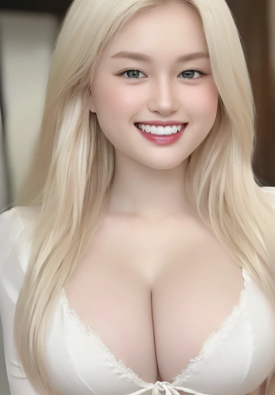 (realistic、masterpiece、Best Quality、8K、highres、white background, high resolution:1.3)、1 chubby girl:1.3), (grin smile, show teeth:1.3),((gigantic sagging breasts:1.5)),, looking at viewers, white lace bikini、pale white skin、very blond hair ,very pale skin, extremely pale blonde hair, ivory pale skin, very white skin, pale skin, very pale white skin, very pale white skin,white skin and pale porcelain, white and pale skin, fair and pale skin!!,  long blonde hair, looking at viewers、super fine face and eyes、long blonde hair、 ((full breasts:1.3)), indoor、 upper body,