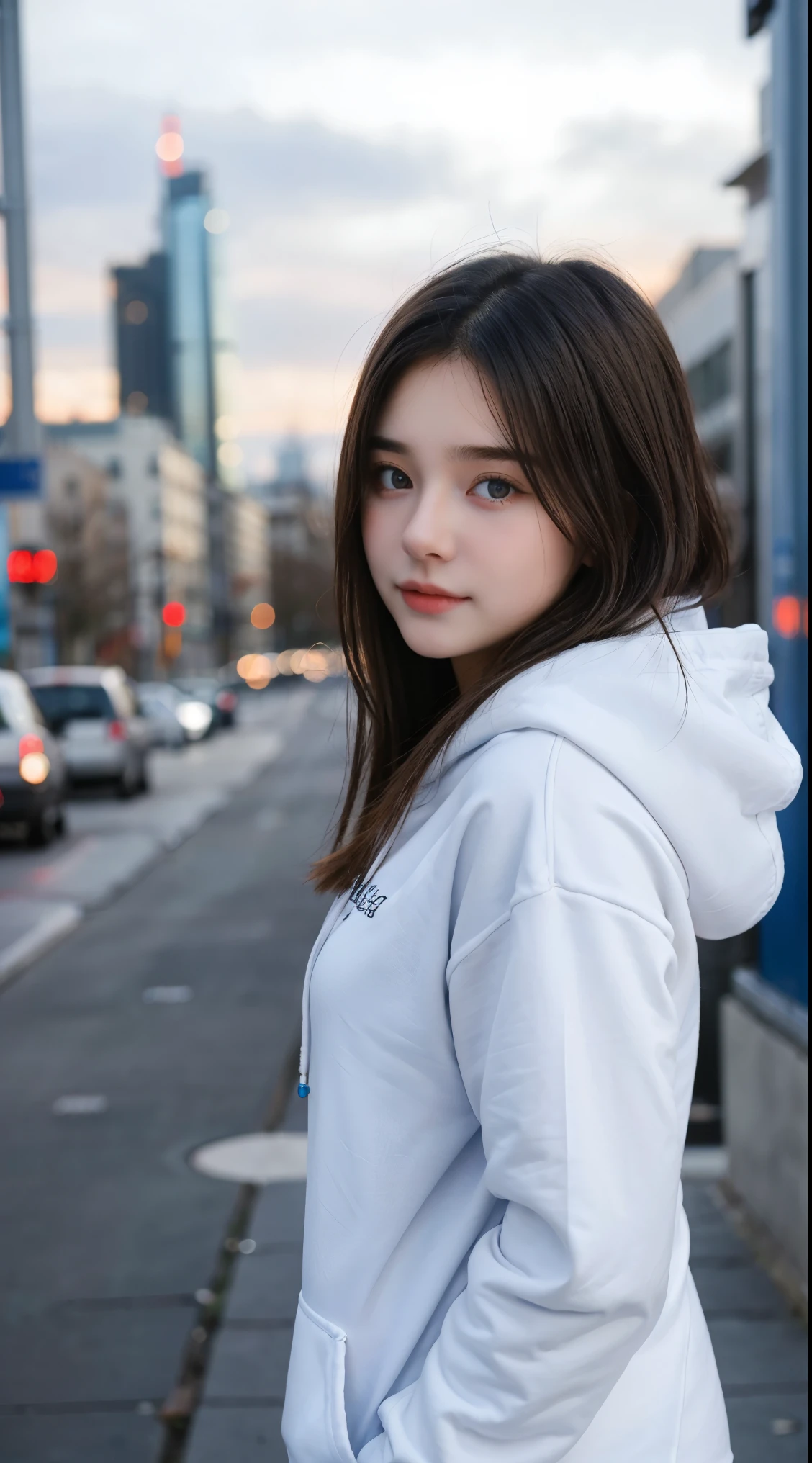 Gorgeus Girl, Beautiful, Baby Face, 20 Years Old, White Skin, Sexy Pose, black hoodie, Blue Eye, Bokeh, city Background, Masterpiece, asking for a hug, full body Shot, open arms