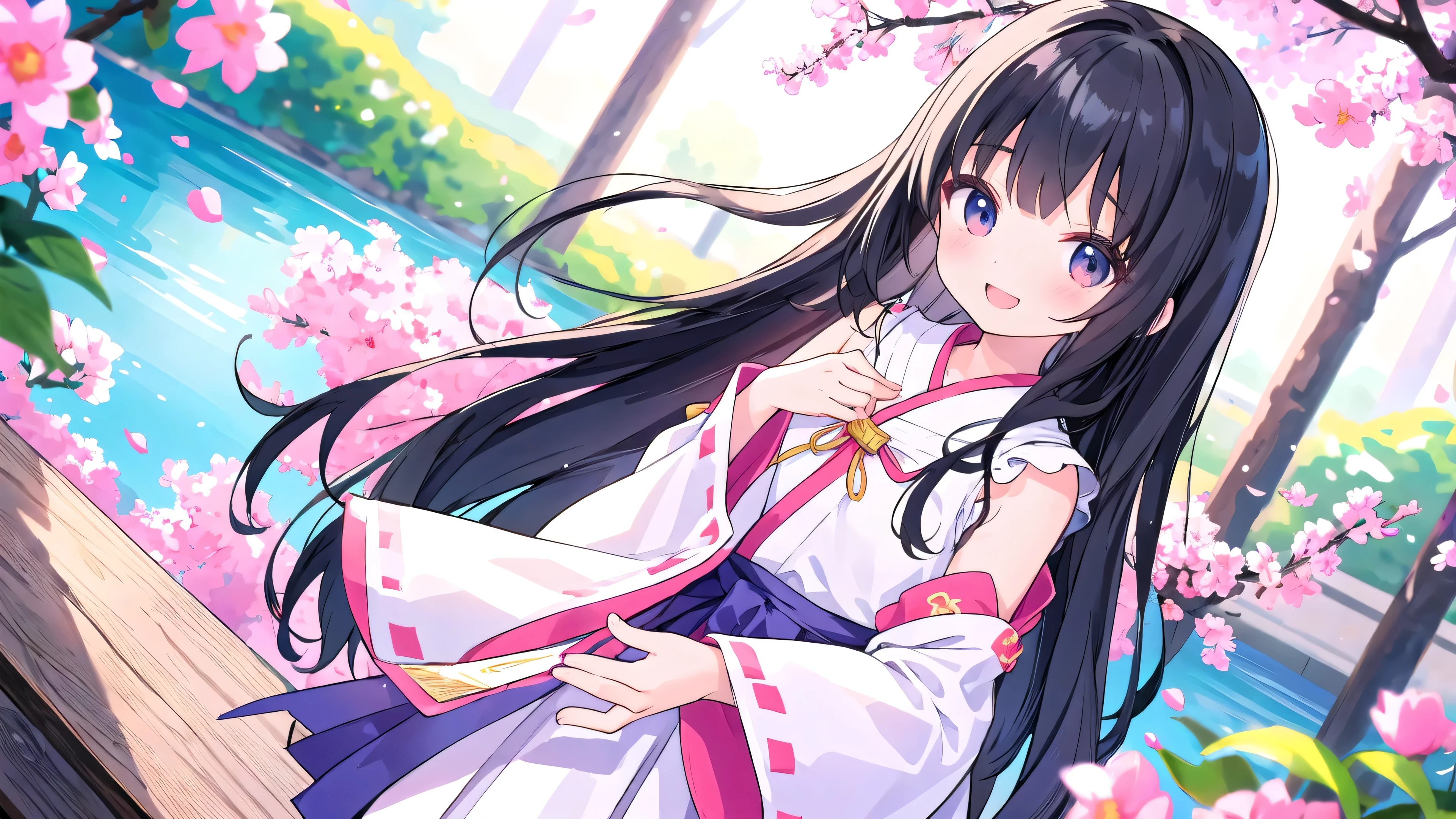 Normal of chest、masterpiece、8K wallpapers incorporating detailed CG、Two girls and two boys、、Baby Face、beautiful、smile、、Genuine、Blurred、Blurred_background、Blurred_prospect、branch、Plum offlower、depth_of_Field、flower、gem、nose、Realistic、pale black hair、alone、Shrine maiden costume、Hide your fingers、Hide your arms、whole body、Long Hair、Straight bangs、