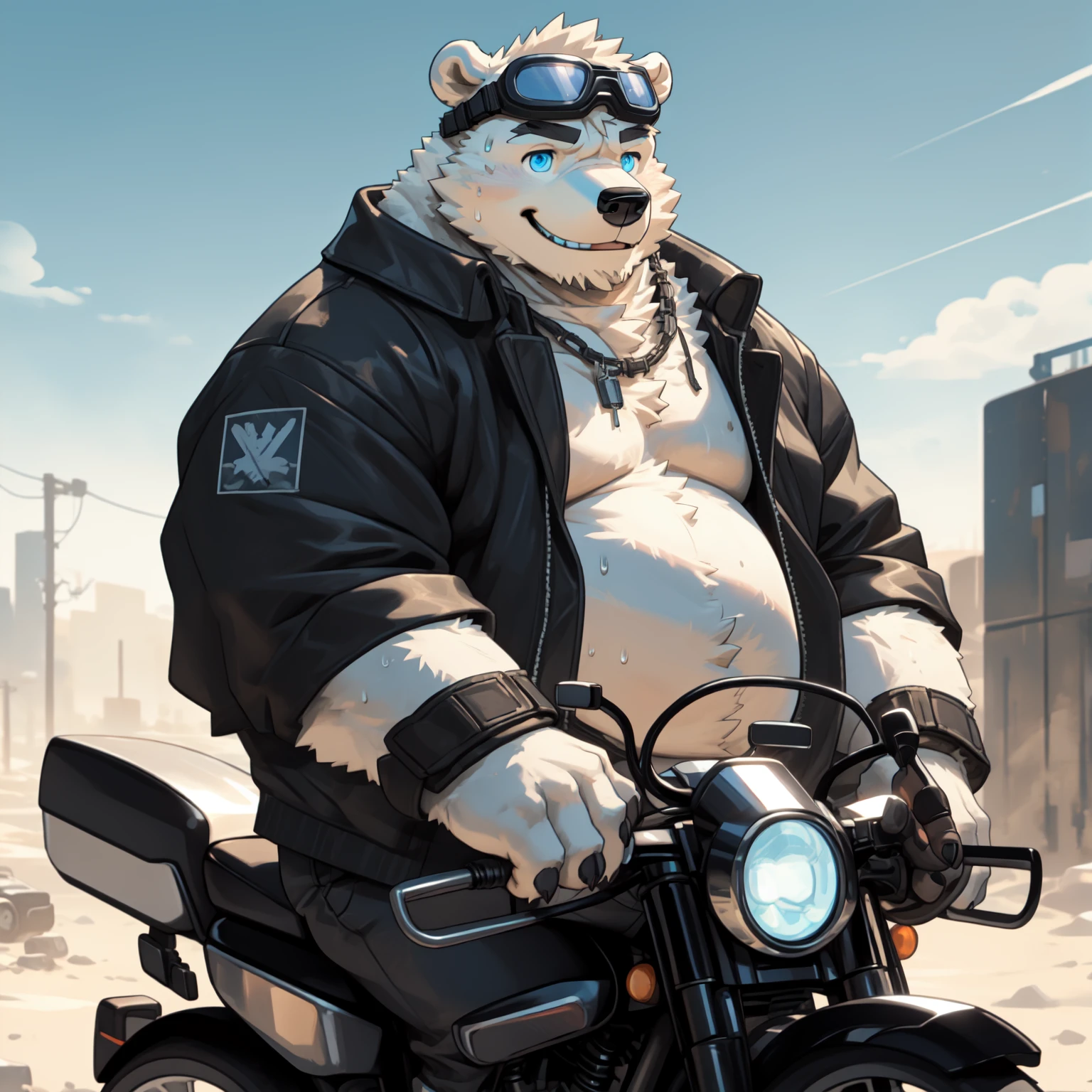 New Jersey 5 Furry,polar bear,portrait,standing solo,Exquisite, Chubby,Fat,Thick arms,Rugged muscles,White plush fur,Chubby脸,Black eyebrows,Sky blue eyes,Beard,Wasteland,in the sun,Riding a motorcycle,Goggles are worn on the forehead,Hip-hop punk style,Black leather jacket,Pants,Heavy Metals,Sweating,Smile