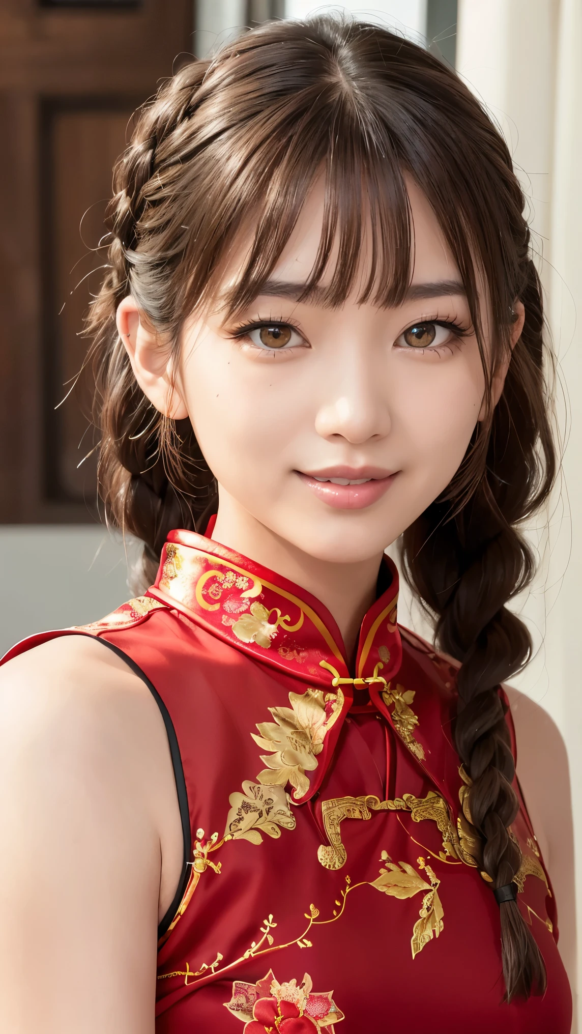 Realistic, masterpiece, highest quality, Highest resolution, One Japanese woman, Happy smile, Detailed and beautiful eyes, Iris, Sparkling eyes, Thin eyebrows, Gives your eyelashes a delicate finish, False eyelashes, Natural Makeup, (Braided Hair, Blunt bangs, Brown Hair:1.2), Detailed face, She looks to the side and into the distance, laughing, Mouth open, cheeks pink, (Sexy red cheongsam:1.3), (Fitted clothing:1.3), Upper body photo, Portrait background