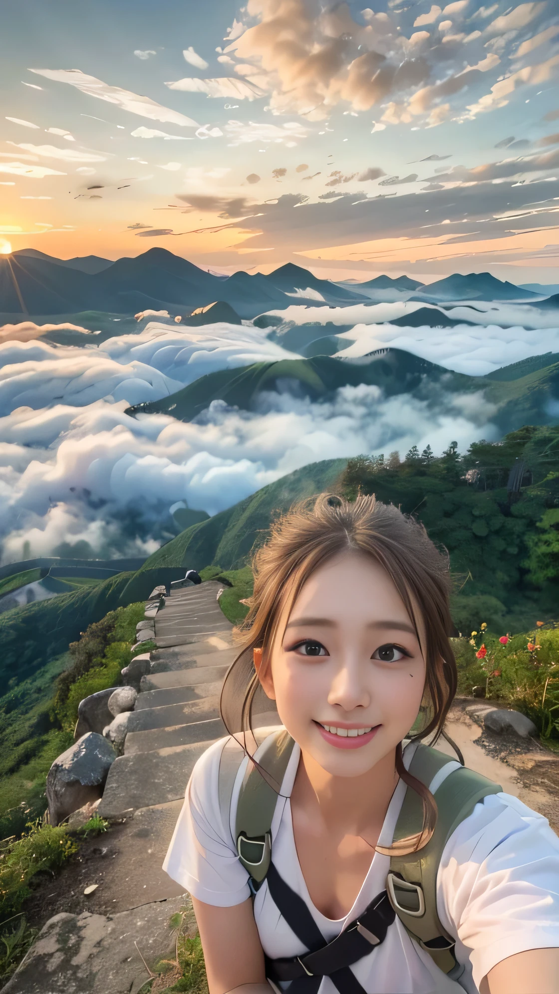 (best quality, surreal photo), Majestic mountains, sea of clouds, woman watching the sunset, selfie, ((upper body)), white t shirt, trekking shorts, Trekking boots, hiking backpack, (very delicate face, Super Beautiful Maid, very delicate eyes, very detailed nose, very detailed mouth, Highly detailed facial features), beauty, 18 years old, Smiling happily