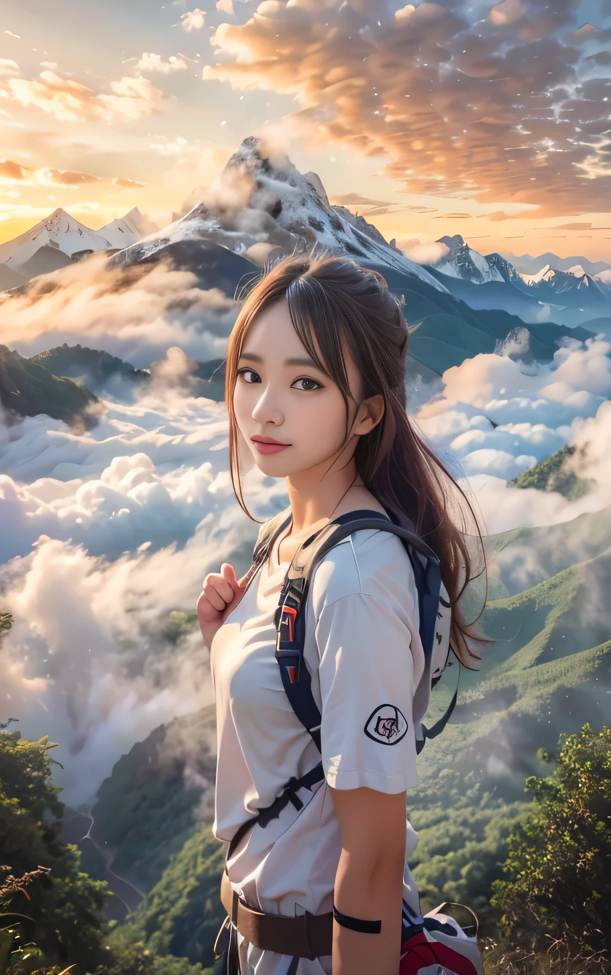 (best quality, surreal photo), Majestic mountains, sea of clouds, woman watching the sunset, selfie, ((upper body)), white t shirt, trekking shorts, Trekking boots, hiking backpack, (very delicate face, Super Beautiful Maid, very delicate eyes, very detailed nose, very detailed mouth, Highly detailed facial features), beauty, 18 years old, Smiling happily
