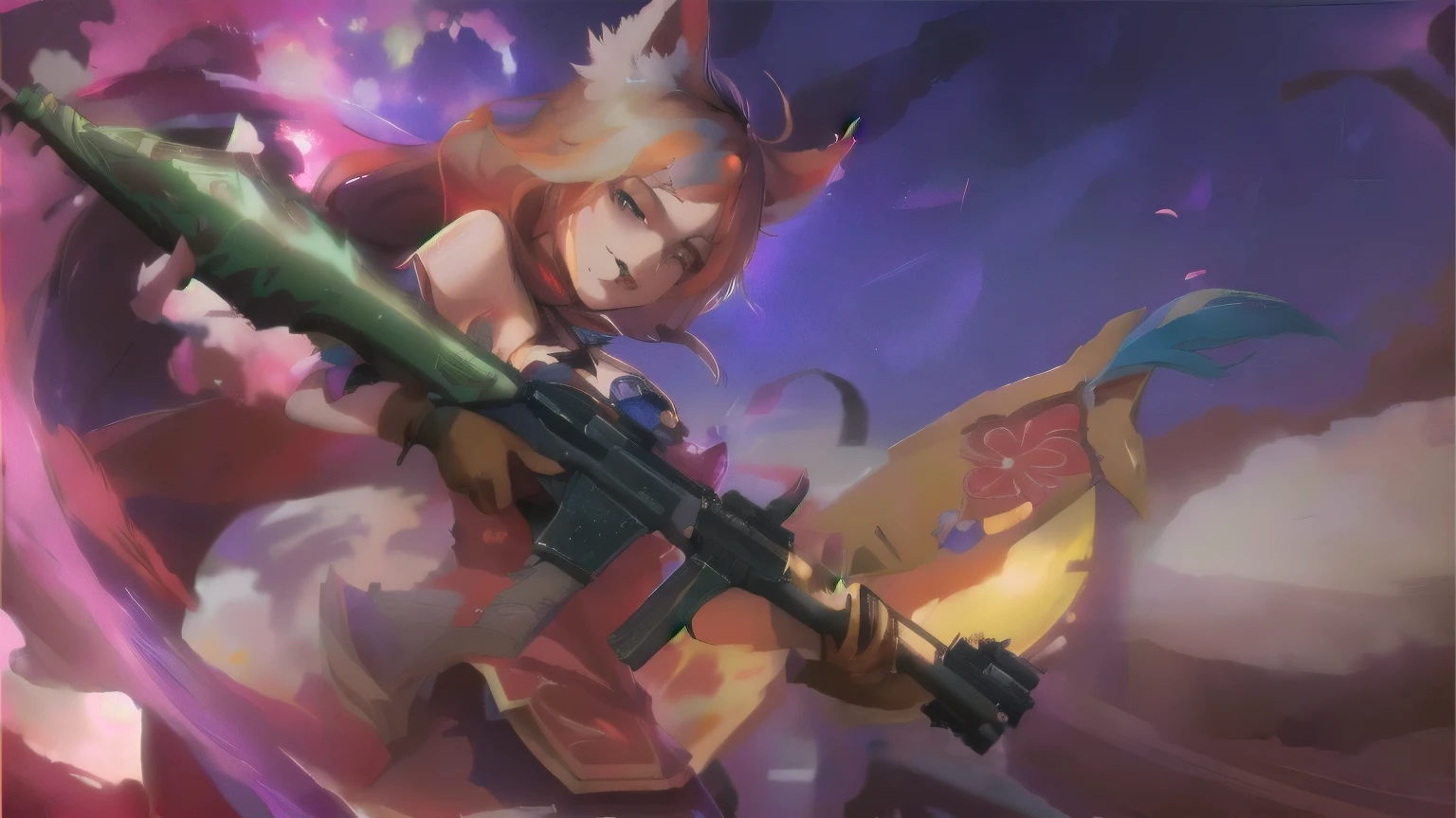anime girl with a gun and a flower on her shoulder, ahri, iconic character splash art, official splash art, extremely detailed artgerm, splash art, splash art anime , maple story gun girl, artgerm lau, character splash art, cushart krenz key art feminine, style artgerm, ! dream artgerm