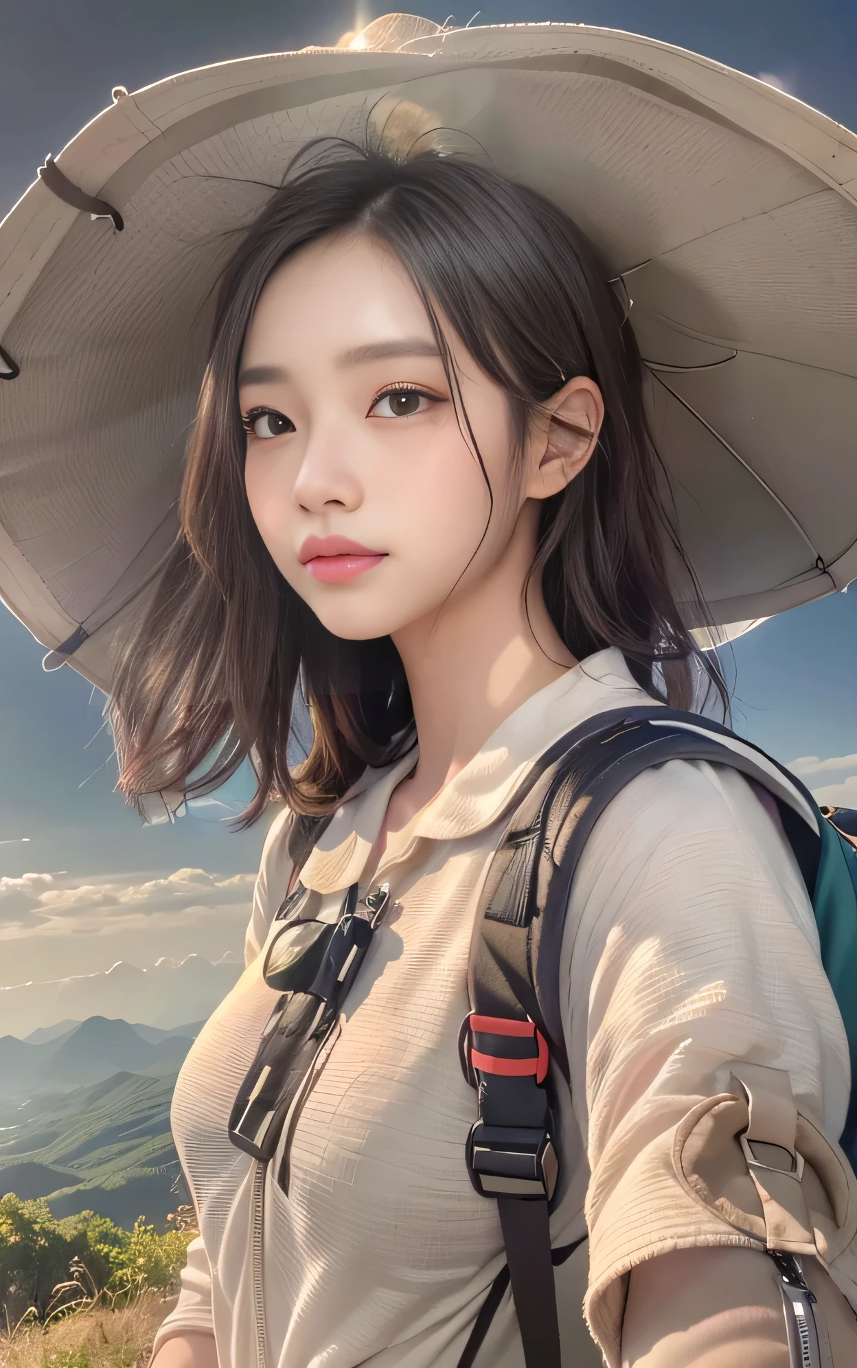 (best quality, surreal photo), Majestic mountains, sea of clouds, woman watching the sunset, selfie, ((upper body)), sports bra, trekking shorts, Trekking boots, hiking backpack, (very delicate face, Super Beautiful Maid, very delicate eyes, very detailed nose, very detailed mouth, Highly detailed facial features), beauty, 18 years old, Smiling happily, rainy sky, My underwear is visible due to sweat, big bust, mountain canter,