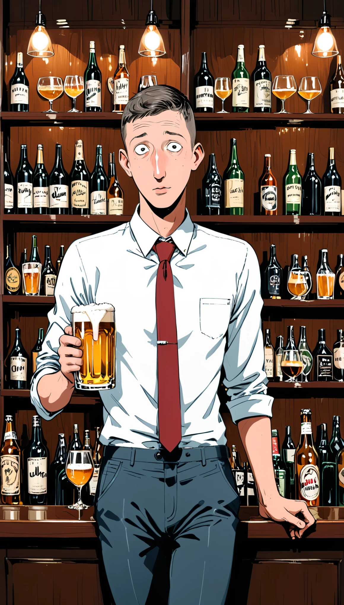(in style of Jean Jullien:1.3),1boy,Character Design,Suit,tie,White shirt,office,Bar bar,a cup of beer,Red cheeks,Drunken expression,