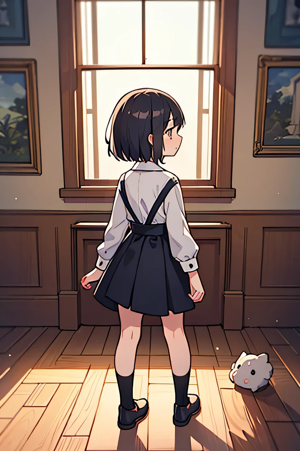 (masterpiece, best quality),1girl, solo, children, talking, fullbody, short hair, looking away, looking up ,back view