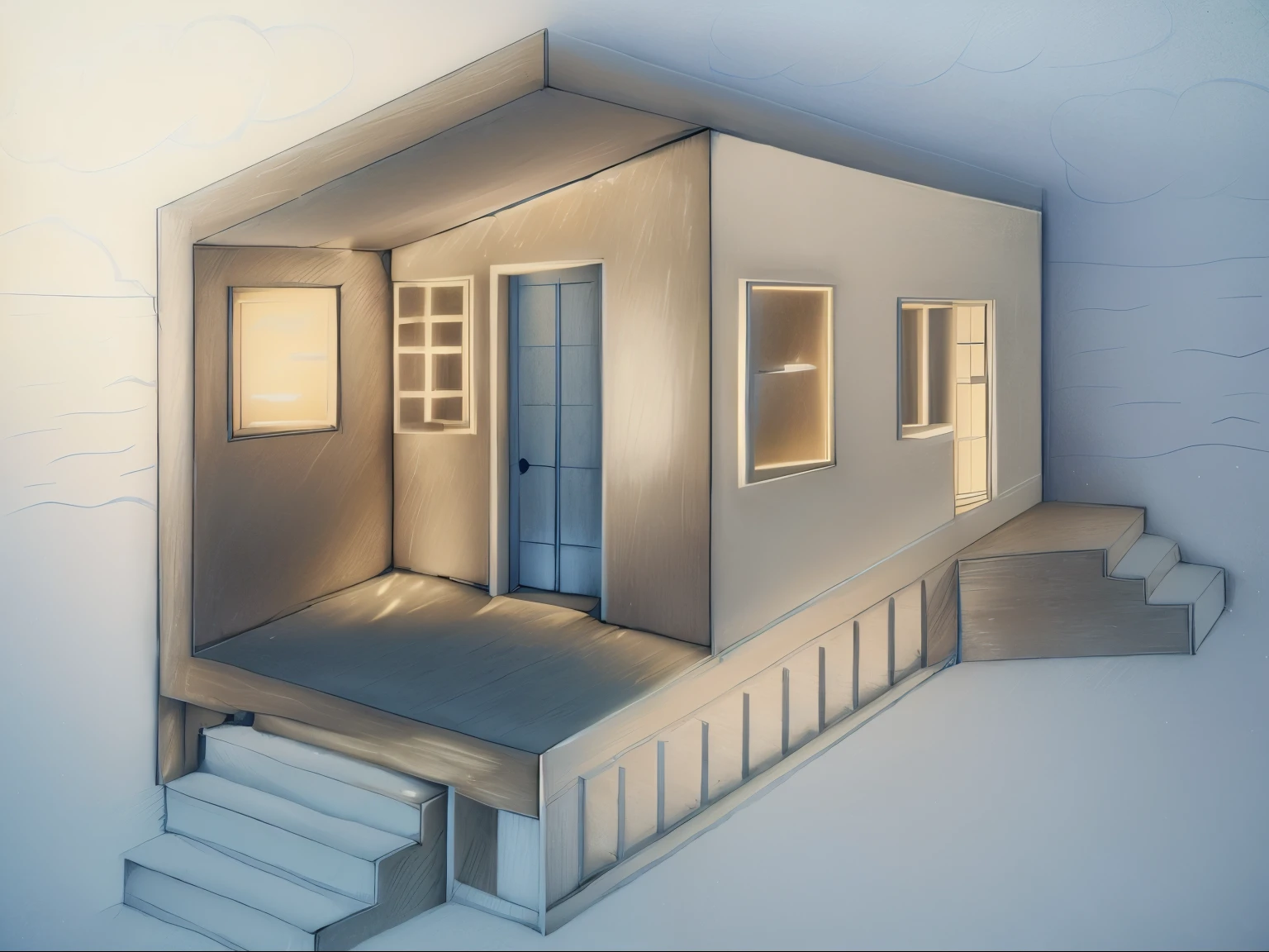 a drawing of a house with stairs leading to a porch, single point perspective, 2 point perspective, 3 d point perspective, two point perspective, 5 point perspective, one point perspective, 2 - point perspective, deep 3 point perspective, extreme three point perspective, two-point perspective, 3 point perspective, simple drawing, 6 point perspective, point perspective, 1-point perspective