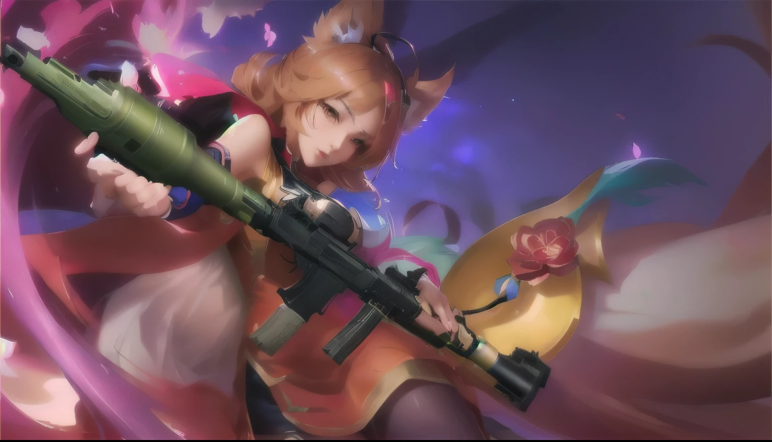 anime girl with a gun and a flower on her shoulder, ahri, iconic character splash art, official splash art, extremely detailed artgerm, splash art, splash art anime , maple story gun girl, artgerm lau, character splash art, cushart krenz key art feminine, style artgerm, ! dream artgerm