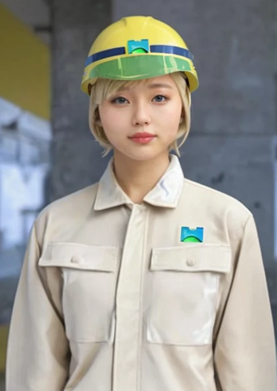 Beige workwear,Helmet with chin strap,Blonde Bob,Japanese women