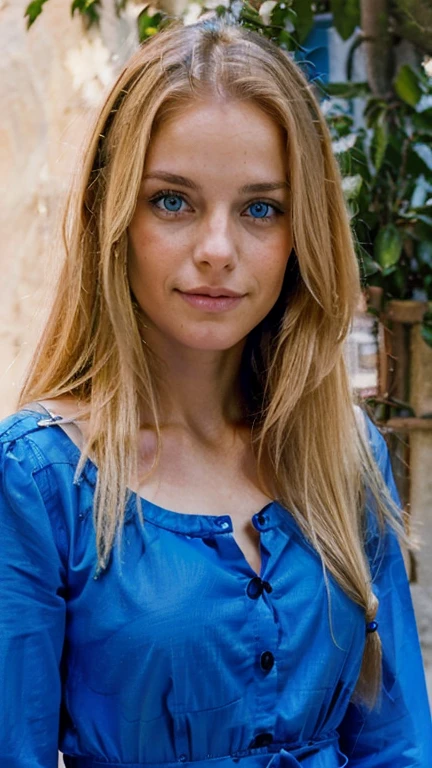 A photo of a 26-year-old Spanish woman with long, blond hair and captivating blue eyes. Her expression should be funny, she should laugh, she should be happy. The setting for this portrait should be at the street and a model should have a long red dress