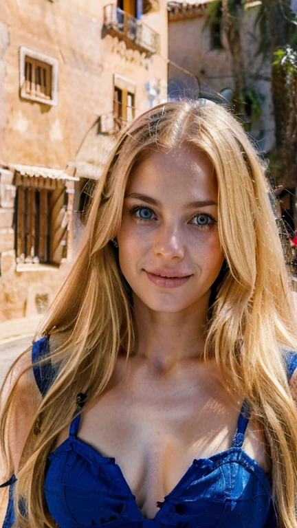 A photo of a 26-year-old Spanish woman with long, blond hair and captivating blue eyes. Her expression should be funny, she should laugh, she should be happy. The setting for this portrait should be at the street and a model should have a long red dress