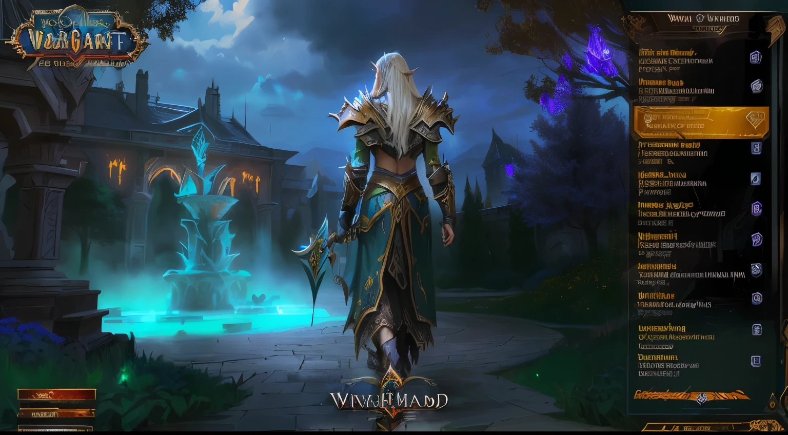 Close-up of a man in a suit, standing in front of a fountain, Скриншот World of Warcraft, world of warcraft armor, from peace of warcraft, world of warcraft elven druid, warcraft character, World of Warcraft art style, world of warcraft style, dressed in unearthly battle armor, north adult female warrior, Sylvanas Windrunner, death knight