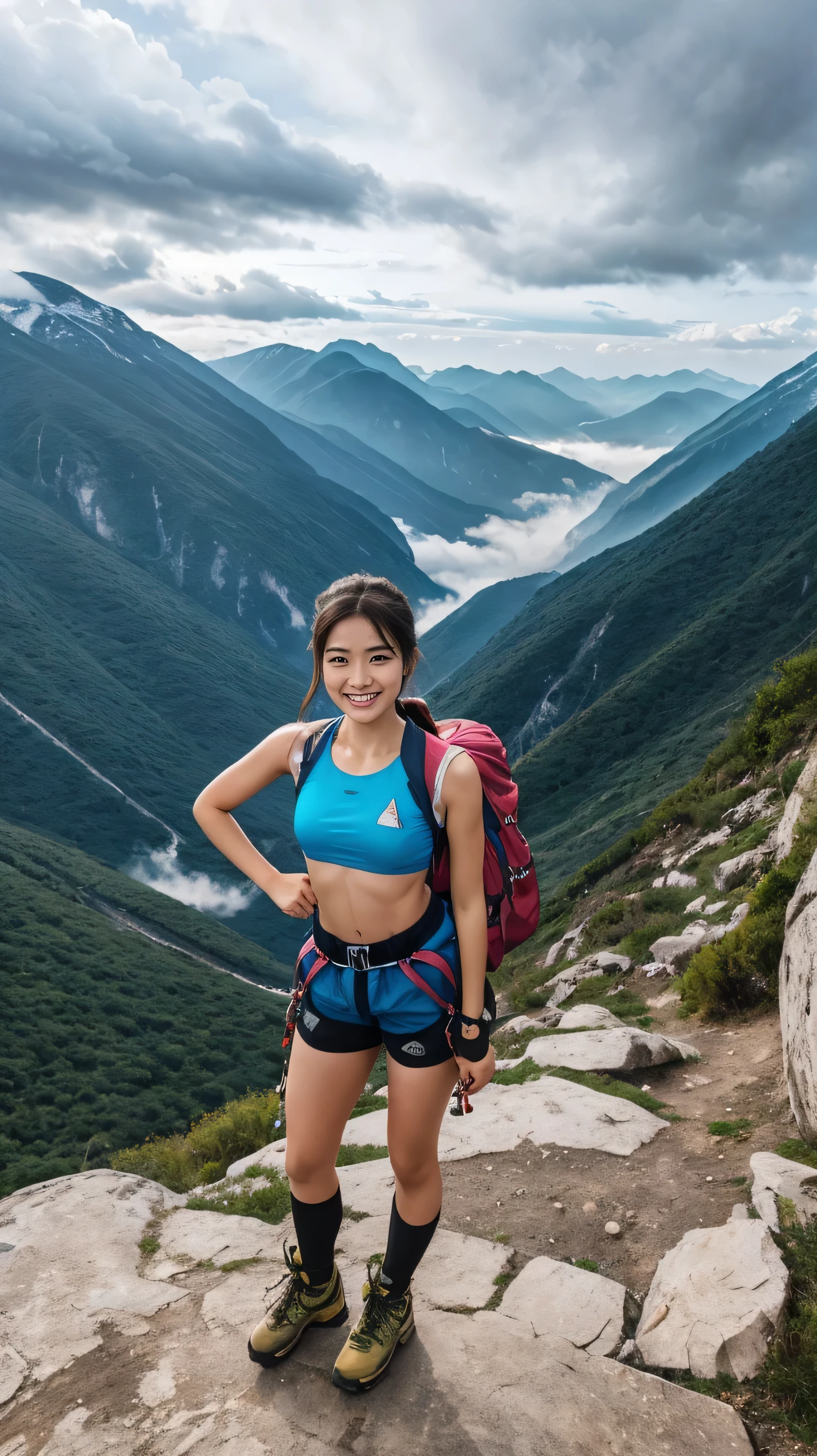 1girl , Speed climbing vertical rock wall for fast climbing, waterproof barrel , 20 years old、look at the viewer、laugh、 ta、Enchanting outfits in random colors、Just sexy, Largest , split, full body pose, (best quality, surreal photo), Majestic mountains, sea of clouds, woman watching the sunset, selfie, ((upper body)), sports bra, trekking shorts, Trekking boots, hiking backpack, (very delicate face, Super Beautiful Maid, very delicate eyes, very detailed nose, very detailed mouth, Highly detailed facial features), beauty, 18 years old, Smiling happily, rainy sky, My underwear is visible due to sweat, big bust, mountain canter,