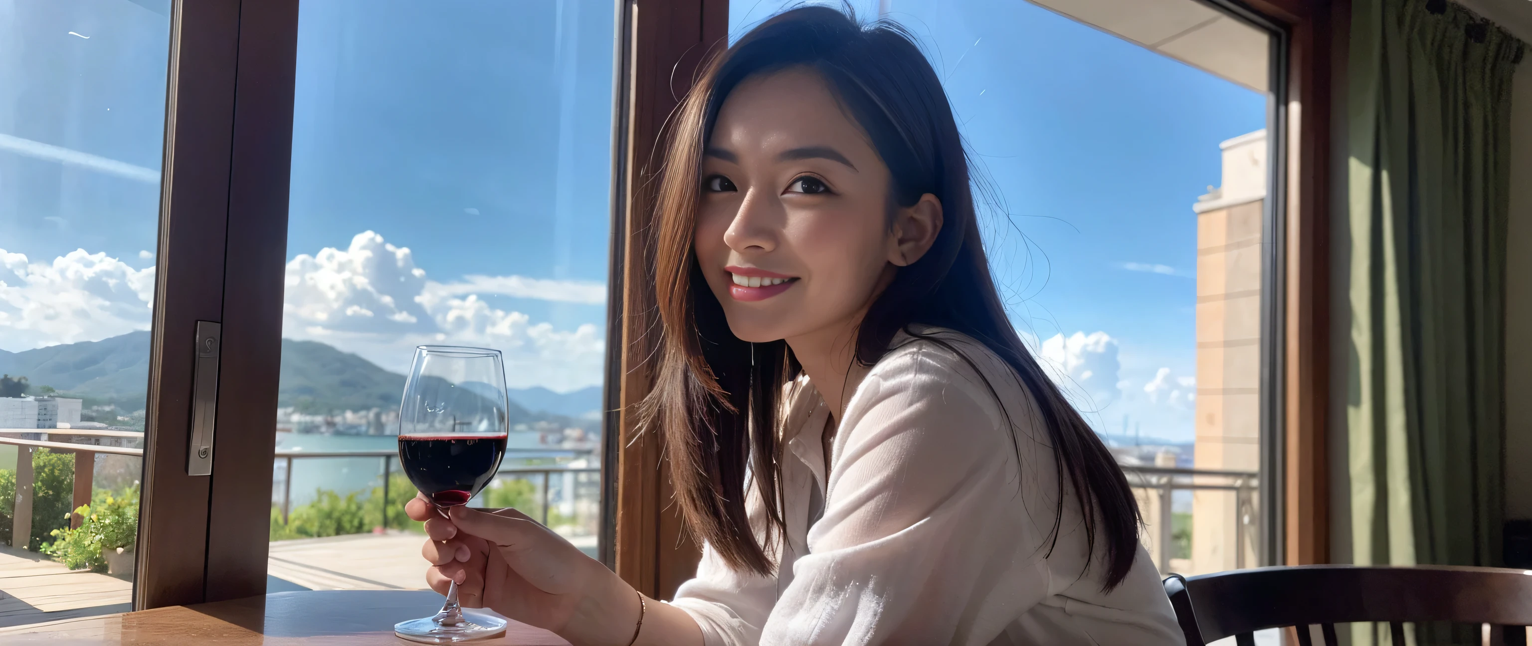 ((highest quality、8k、masterpiece:1.3))、Sharp focus:1.2、Beautiful woman perfect body:1.4、Slim body、((Bob Hale、Straight hair:1.2))、(to be born, highest quality, masterpiece:1.5), (Realistic, Intricate details:1.2), Wine glass on the table、shine a light on your face、 Amazing view of the sunset sky and clouds、Amazing mountain views、A bright smile、A lovely woman with a smile、Bright image、2. The beauty of wine, Beautiful Face, blue eyes, The light shines on your face, Blushing, short hair,Bright Face、Fox face、 (43 years old), 39 years old, Lady、red wine 、Appetizers、Italian food、Wine bottle、Champagne、sparkling wine、Two beauties、Brown Hair、Shortcuts、Long sleeve shirt、dress、Pretty Woman 1, (Slim face), (The body is slim), (Brown Hair), (Shortcuts), cheeks turn a little red,Attractive beauty、, Out of the window, A beautiful and detailed night view unfolds.........., restaurant, In a prominent place (From the waist up) Nova Frog Style, actress, model, Upper Body, White wine, slim, wine glass, A wine glass placed in the middle, smile, (smile: 1.15), Beautiful fine grain, Depth f/2,saturation, High Contrast, Strong light and shadow,Moist Body:1.5、3D texture、Delicate eyes、Brown Hair、The hair is very shiny、