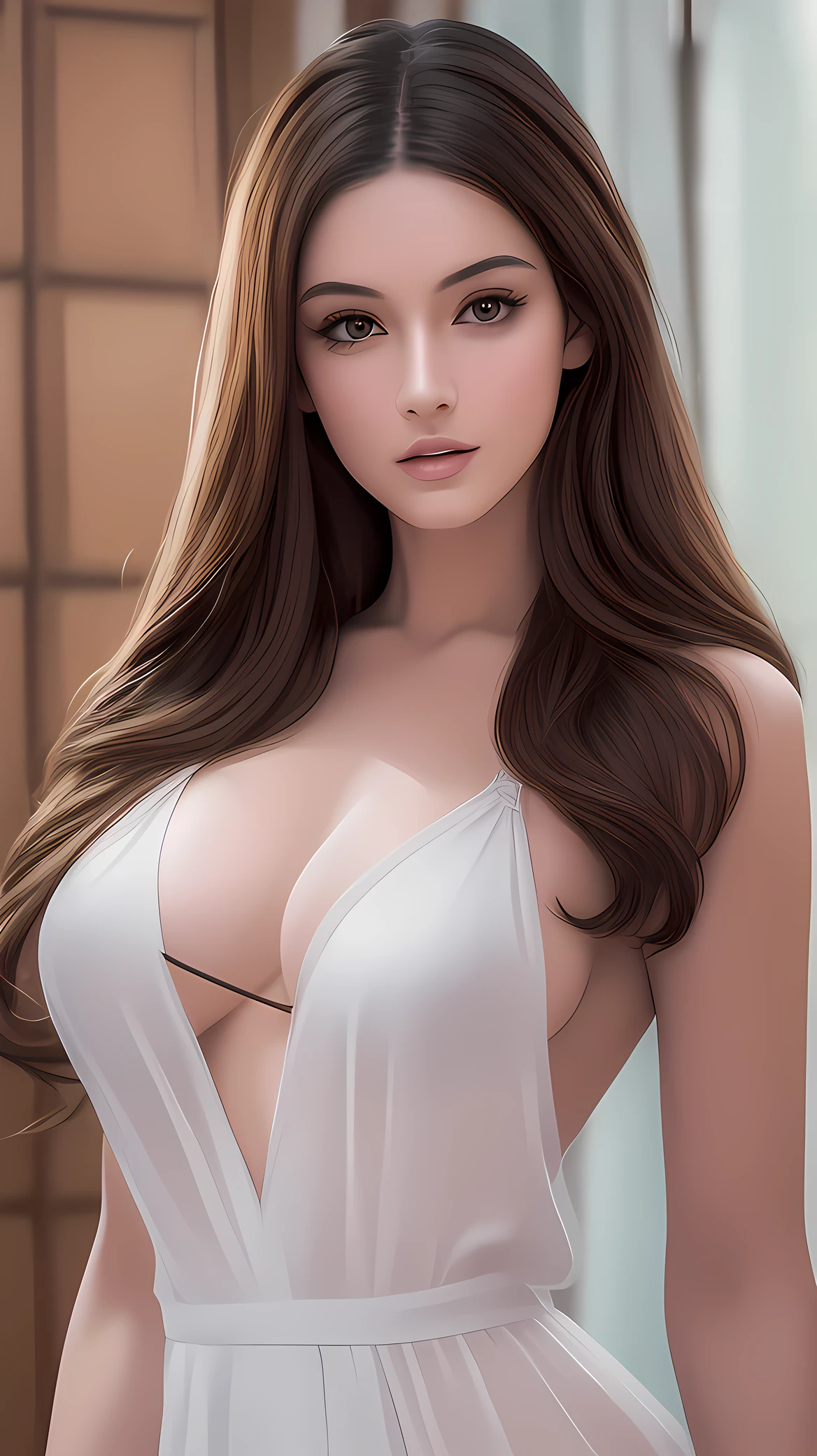 (highest quality,4k,8K,High resolution,masterpiece:1.2),Super detailed,(realistic,photorealistic,photo-realistic:1.37),full body portrait,1 girl, perfect hourglass illustration, exquisite features, mysterious eyes, white transparent dress, bare shoulders, blush, shy, pink long hair, looking at the audience, ample breasts, Depth of the bounds written, High-definition images