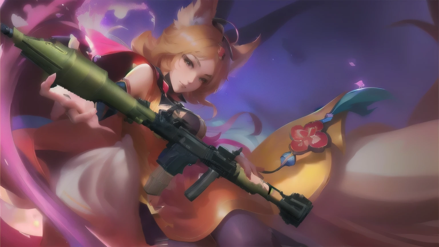 anime girl with a gun and a flower on her shoulder, ahri, iconic character splash art, official splash art, extremely detailed artgerm, splash art, splash art anime , maple story gun girl, artgerm lau, character splash art, cushart krenz key art feminine, style artgerm, ! dream artgerm