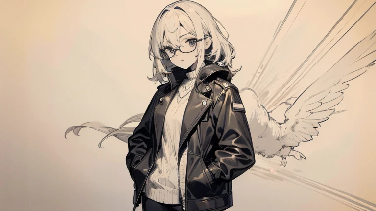 Cool girl, Glasses, Leather clothing, Put your hands in your pockets，Written by hand，Uncolored line art