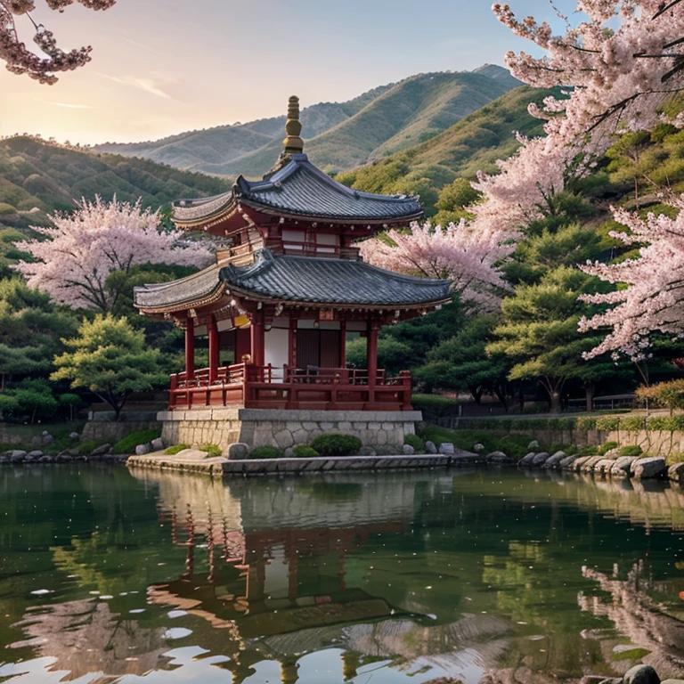 A Korean temple with cherry blossom trees around a lake I send you a sunset