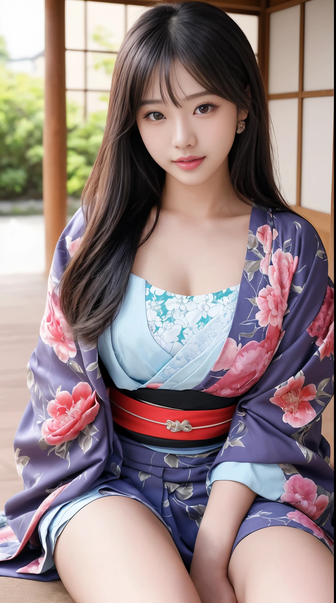 最high quality、high quality、Best image quality、8k、最High resolution、High resolution、最high quality、masterpiece、RAW Photos、whole body写真、Detailed and realistic human body、Detailed and realistic skin、Realistic face in every detail、Detailed and realistic eyes、Detailed and realistic lips、Detailed and realistic teeth、Detailed and realistic ears、Detailed and realistic hair、Realistic reproduction of every detail、Realistic fingers in every detail、(Beautiful Hands、thumb1reference4)、Realistic feet down to the last detail、((Beautiful Japanese Girl))、(Japanese Model)、((18 year old beautiful girl))、(Black Hair)、(Straight hair)、((whole body))、(Slim and perfect figure)、(whole body光沢肌、Fair skin)、Soft natural light、(Maiko-san、geisha、kimono、Long-sleeved kimono、yukata、Japanese tradition、Samurai Residence、Japanese garden、((Colorful floral pattern(丈が短いkimono))、((Japanese garden内で(Poses to make your thighs look beautiful))、((kimonoの隙間からセクシーなパンティーが見えます))