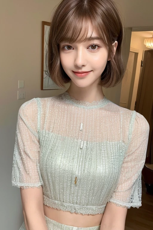 ((highest quality, 8k, masterpiece: 1.3)), 1 girl, The beauty of slim abs: 1.3, (Hairstyle Brown Hair Short Cut, big: 1.2), dress: 1.1, Super slender face, Delicate eyes, double eyelid, smile, Home, RAW Photos