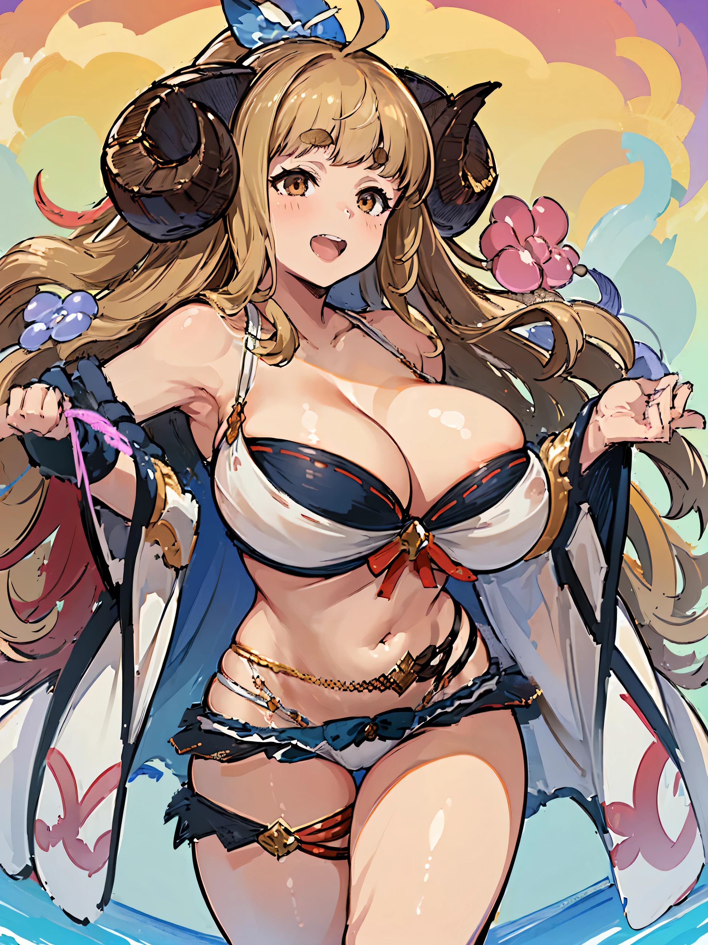 ((highest quality, 8K, masterpiece :1.3)),Ultra detailed face, 1 adult female,Anila,GRANBLUE FANTASY,Voluptuous body,Large Breasts,(NSFW),laughing,low length,Take off the bikini