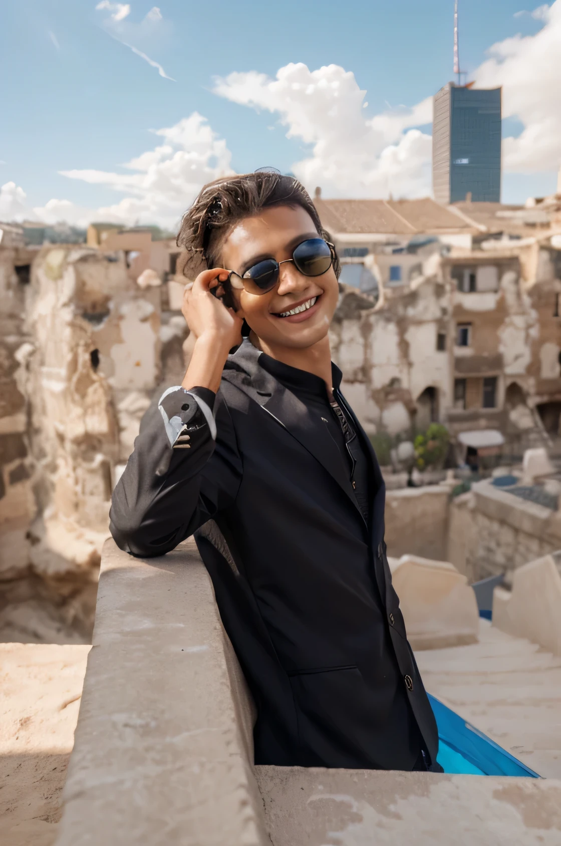 Boy with futuristic background realistic face hd 4k quality sunglasses smiling