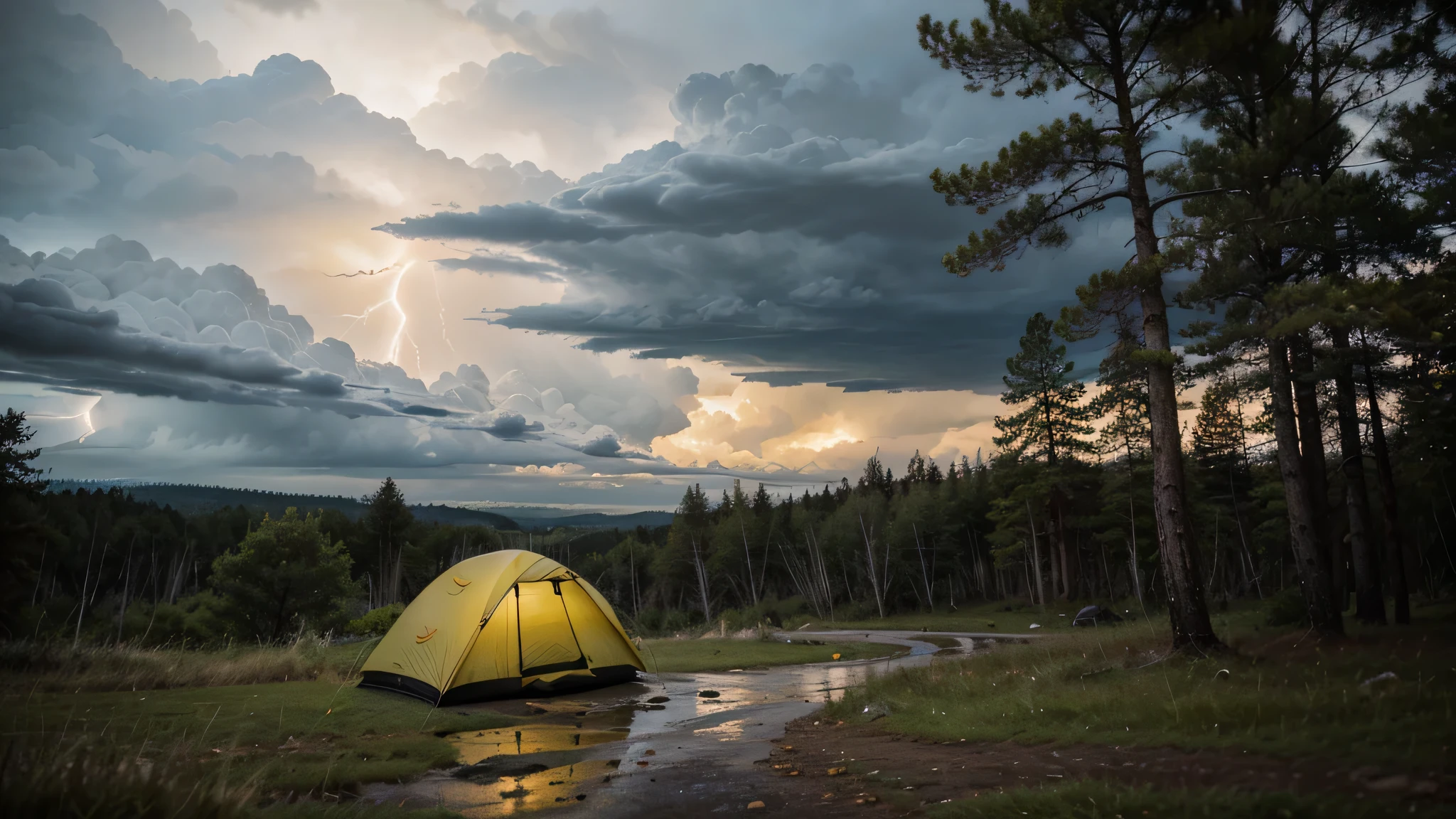 a yellow camping tent in the middle of a forest with trees around, on a rainy day with a cloudy sky, with lightning and thunder