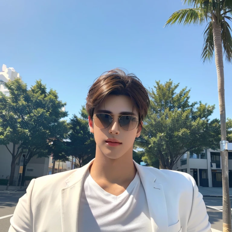 a close up of a handsome boy wearing sunglasses and a white shirt, accurate detailed face, as the handsome boy, detailed unblurred face, male with halo, with very highly detailed face